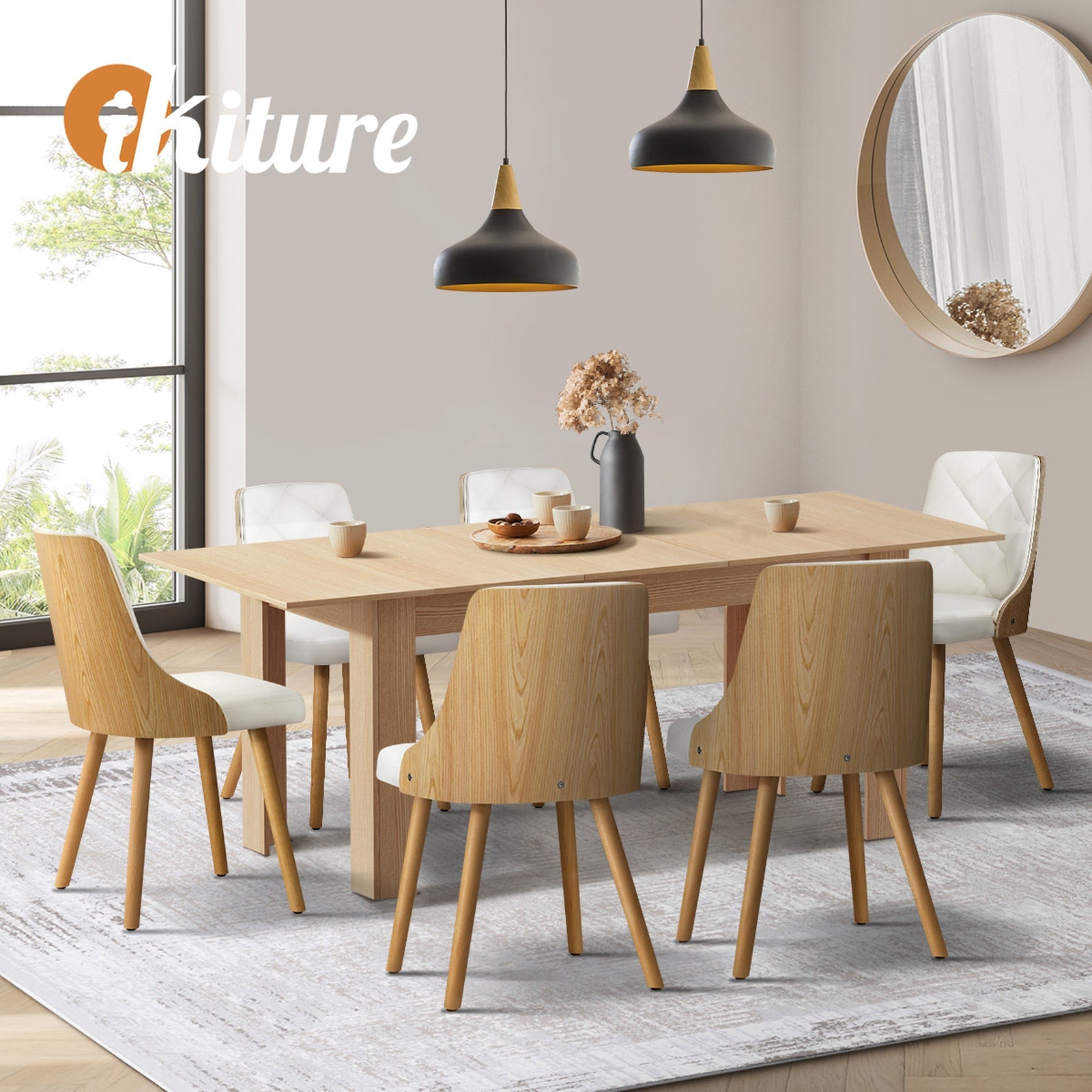 Oikiture 200cm Extendable Dining Table with 6PCS Dining Chairs PU Leather White - Sunyee