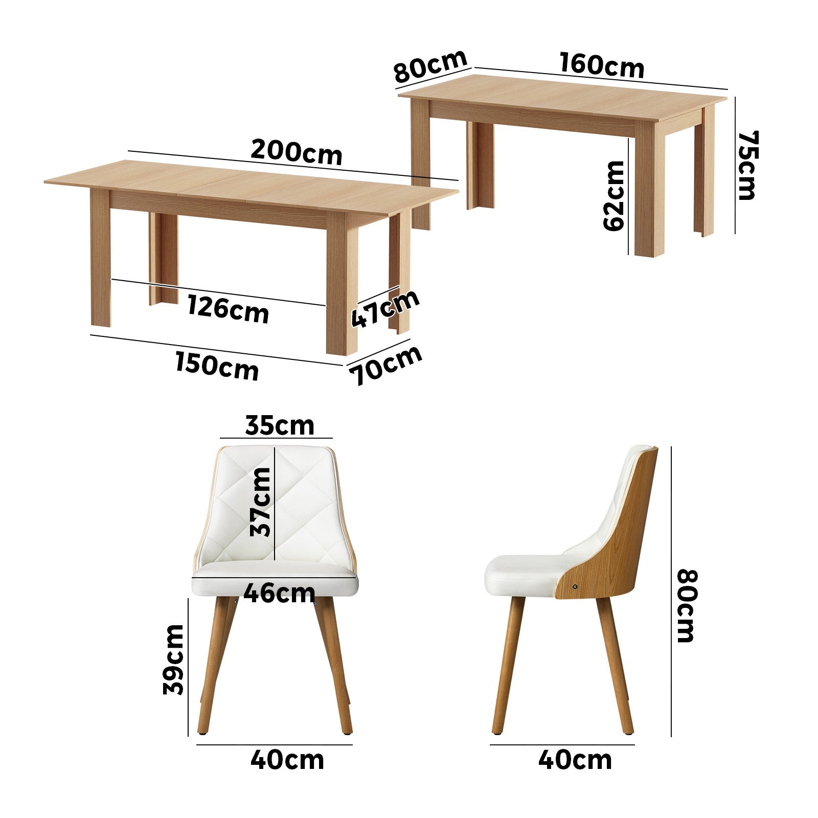 Oikiture 200cm Extendable Dining Table with 6PCS Dining Chairs PU Leather White - Sunyee