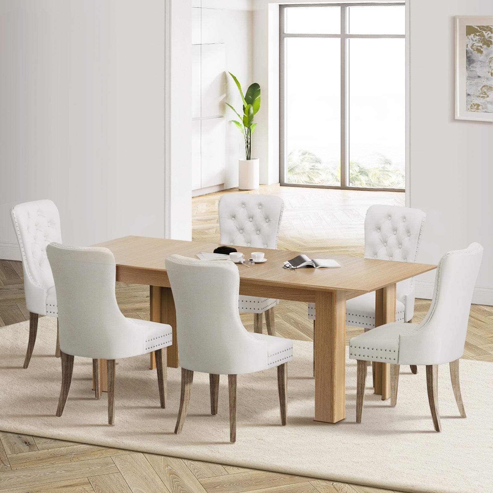 Oikiture 200cm Extendable Dining Table with 6PCS Dining Chairs Velvet Beige - Sunyee