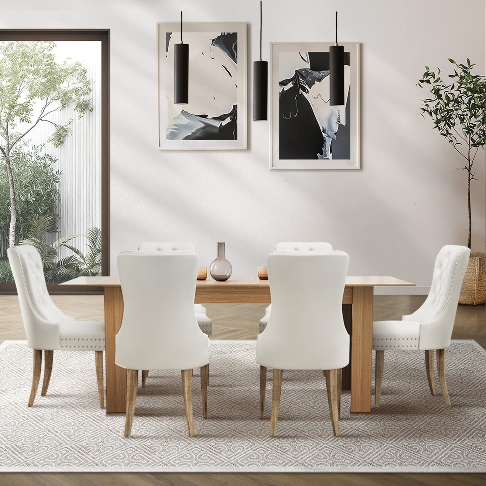 Oikiture 200cm Extendable Dining Table with 6PCS Dining Chairs Velvet Beige - Sunyee
