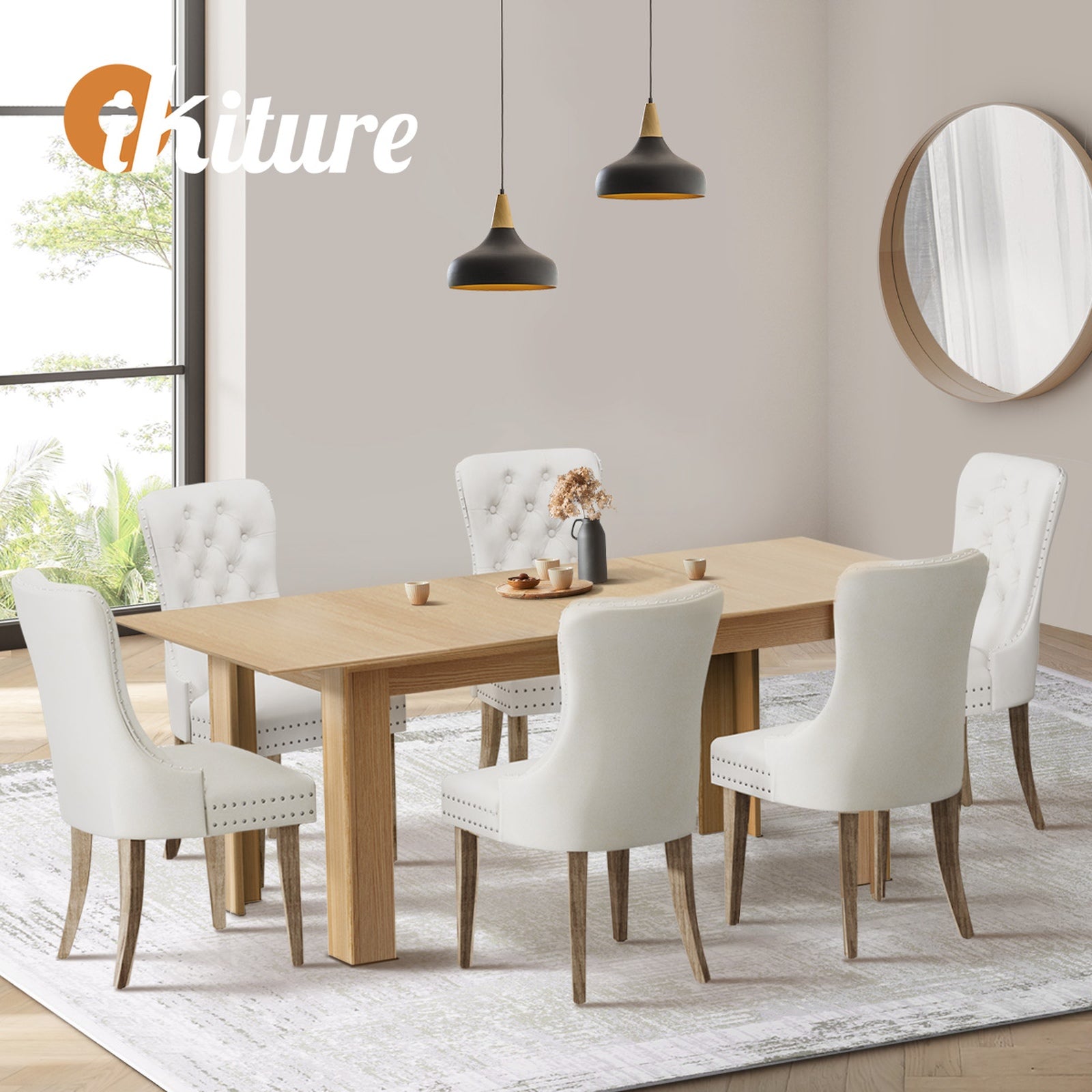 Oikiture 200cm Extendable Dining Table with 6PCS Dining Chairs Velvet Beige - Sunyee