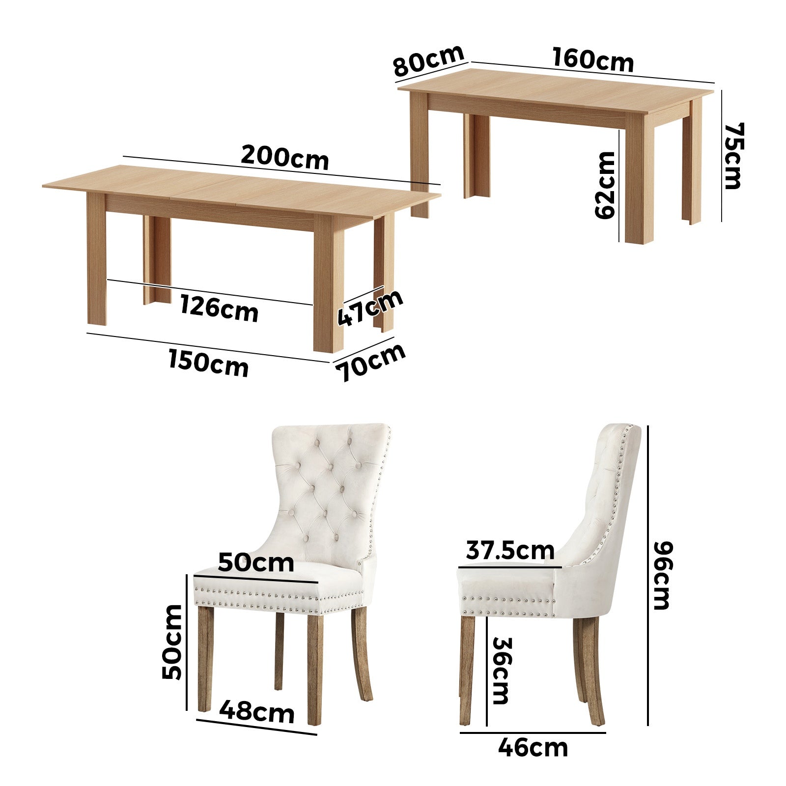 Oikiture 200cm Extendable Dining Table with 6PCS Dining Chairs Velvet Beige - Sunyee