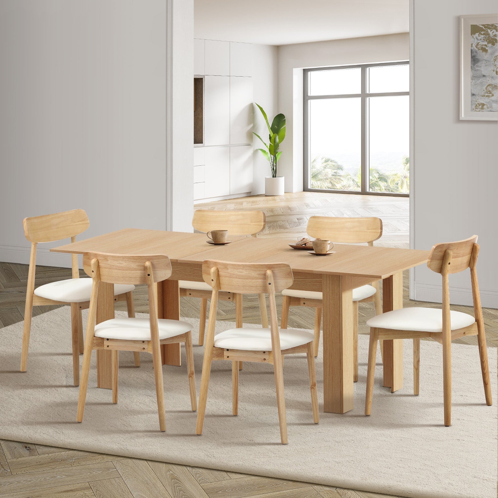 Oikiture 200cm Extendable Dining Table with 6x Dining Chairs PU Leather Natural - Sunyee