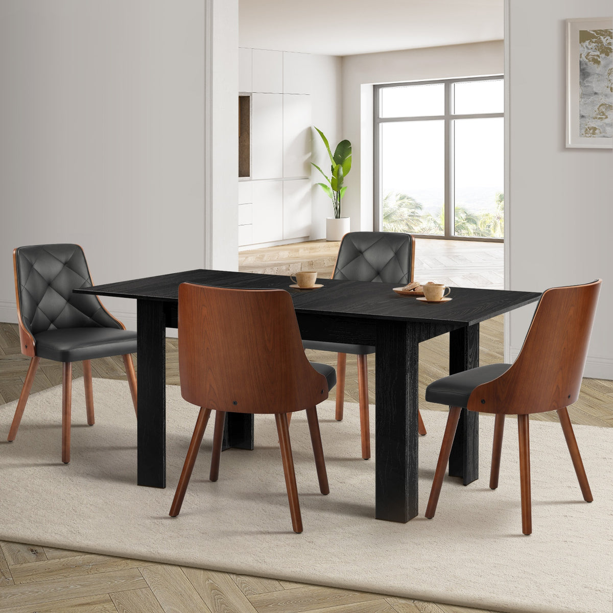 Oikiture 160cm Extendable Dining Table with 4PCS Dining Chairs PU Leather Black - Sunyee