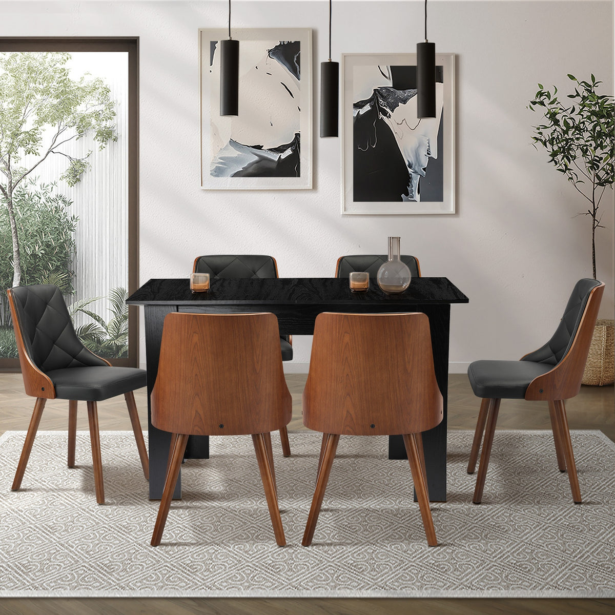 Oikiture 160cm Extendable Dining Table with 6PCS Dining Chairs PU Leather Black - Sunyee