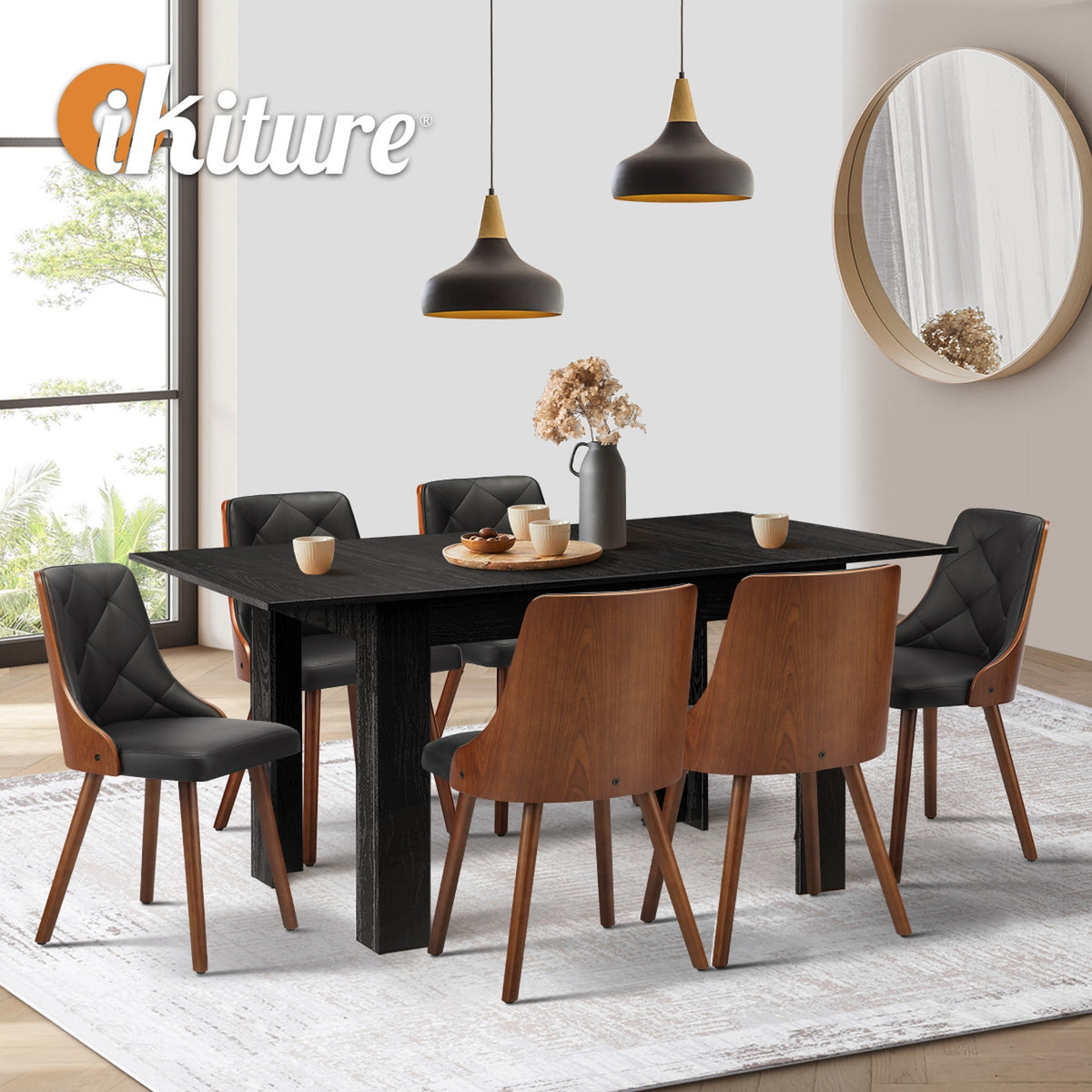 Oikiture 160cm Extendable Dining Table with 6PCS Dining Chairs PU Leather Black - Sunyee