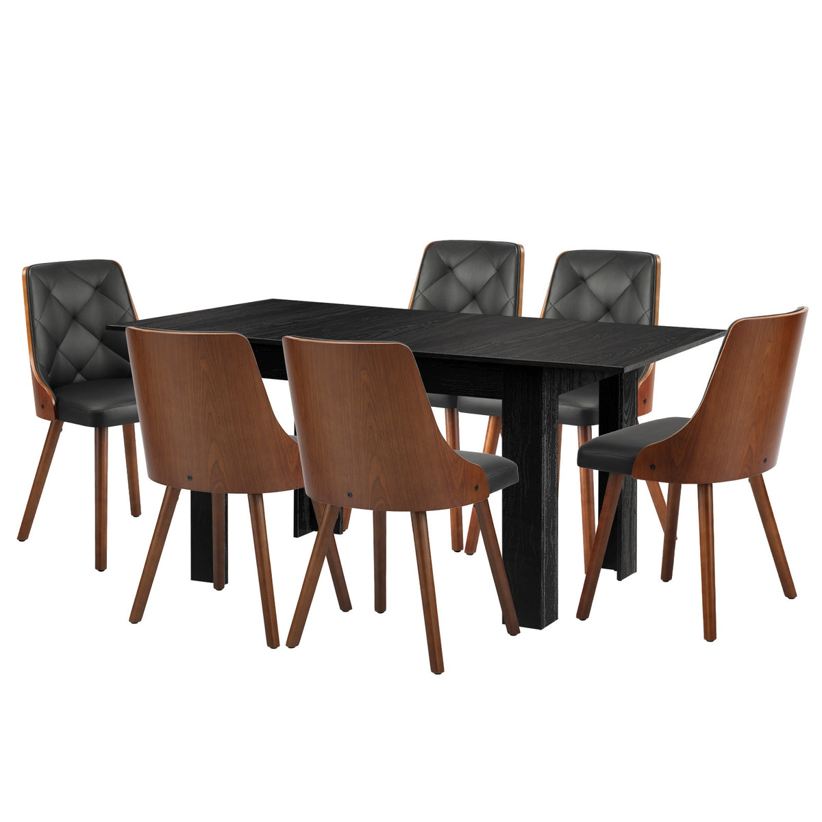 Oikiture 160cm Extendable Dining Table with 6PCS Dining Chairs PU Leather Black - Sunyee