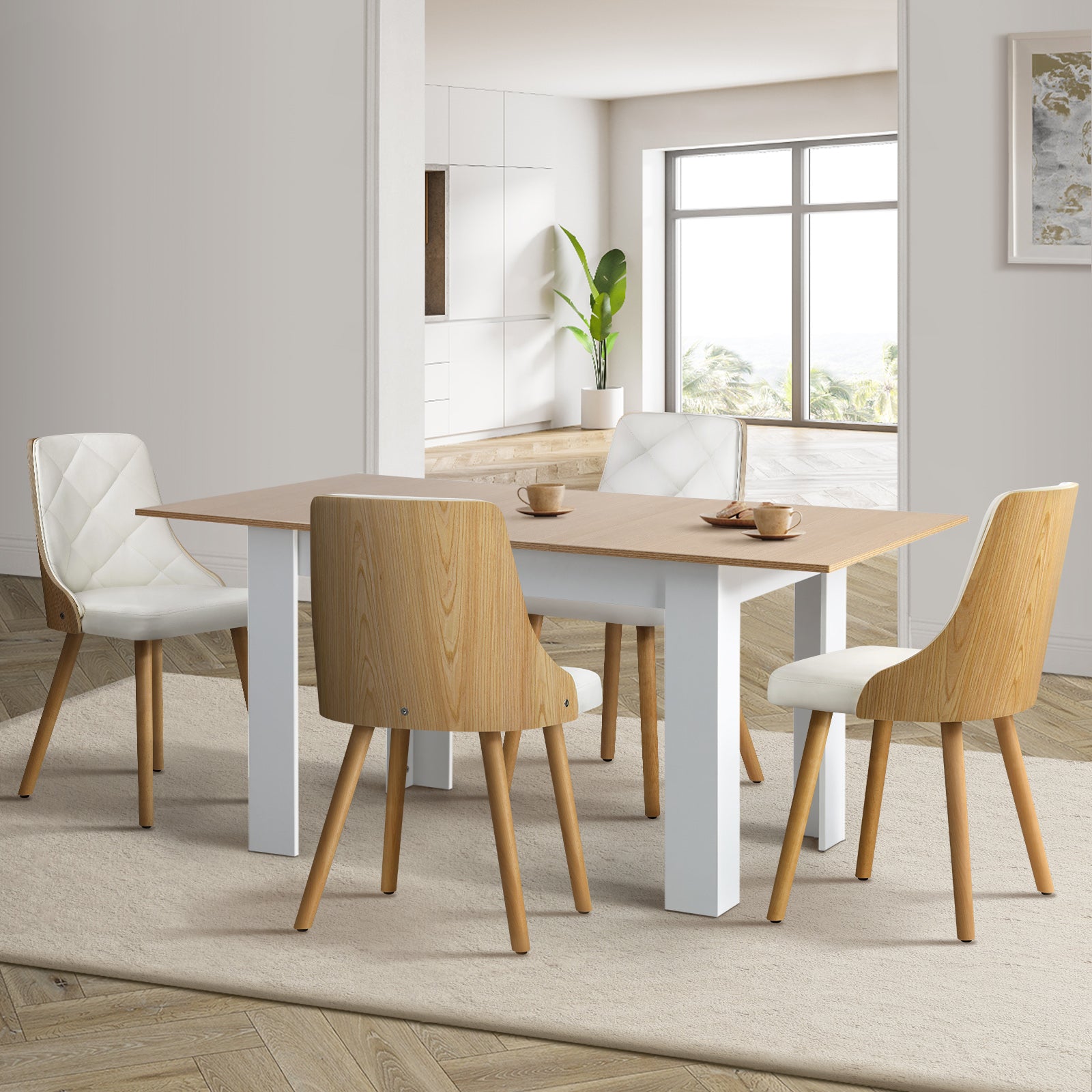 Oikiture 160cm Extendable Dining Table with 4PCS Dining Chairs PU Leather White - Sunyee