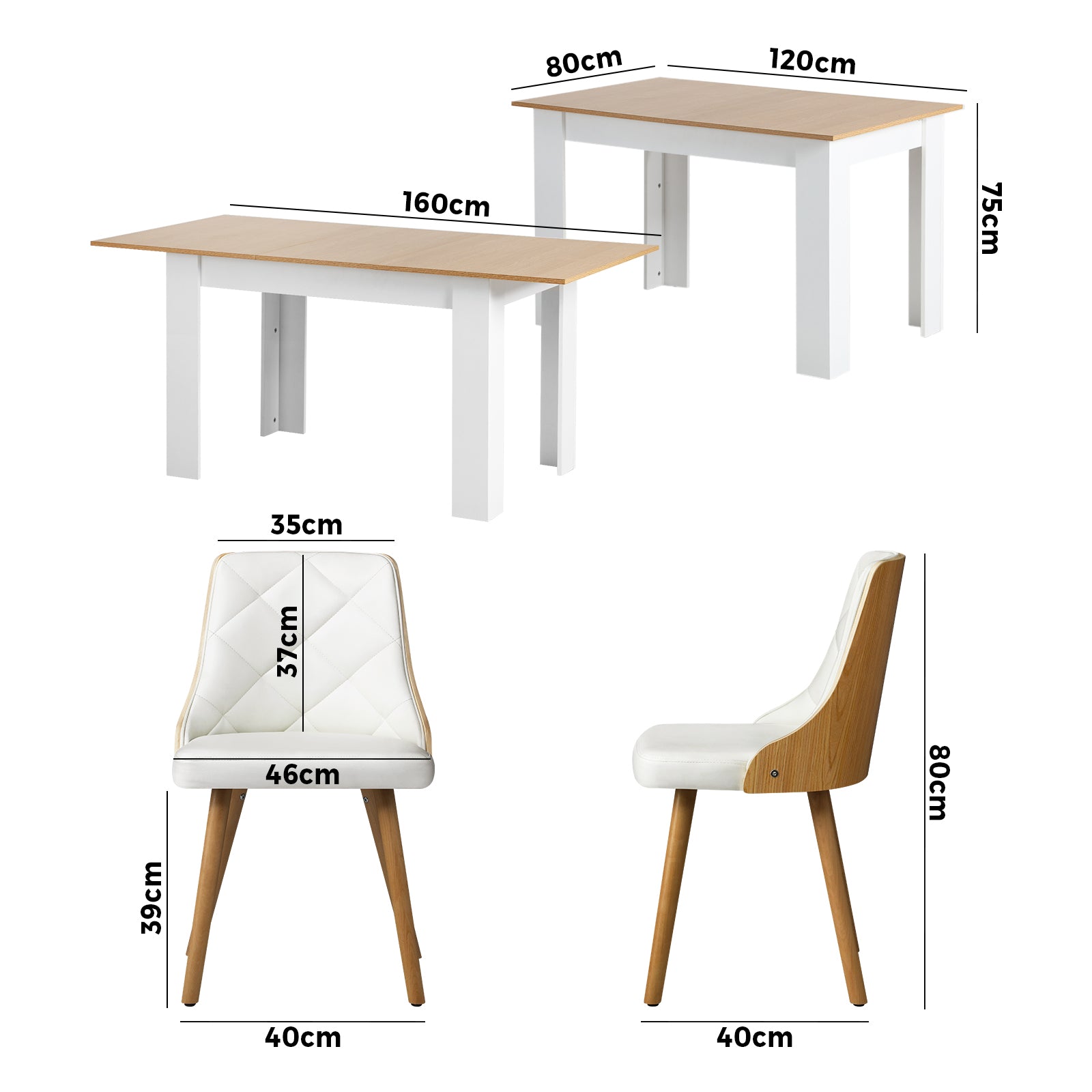 Oikiture 160cm Extendable Dining Table with 4PCS Dining Chairs PU Leather White - Sunyee