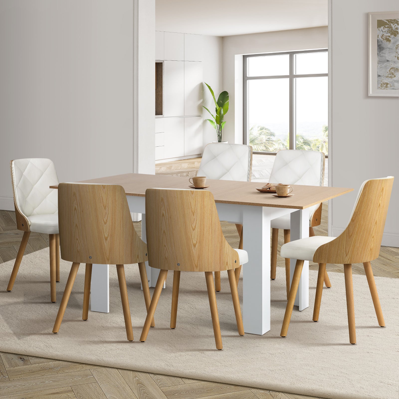 Oikiture 160cm Extendable Dining Table with 6PCS Dining Chairs PU Leather White - Sunyee