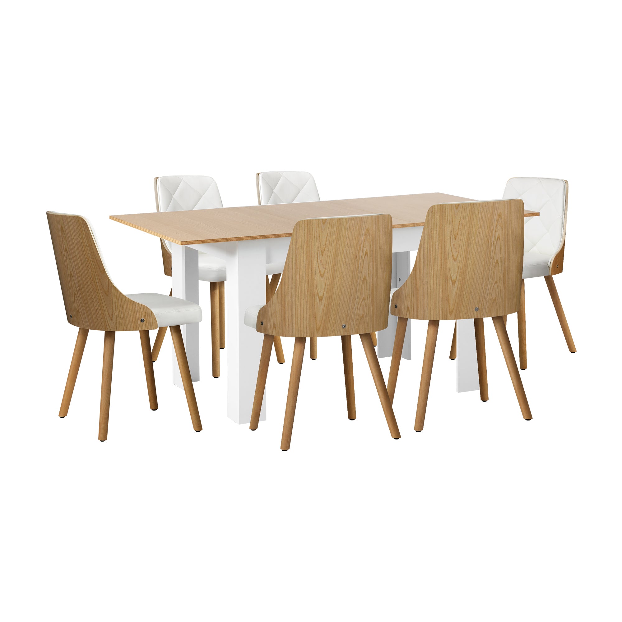 Oikiture 160cm Extendable Dining Table with 6PCS Dining Chairs PU Leather White - Sunyee
