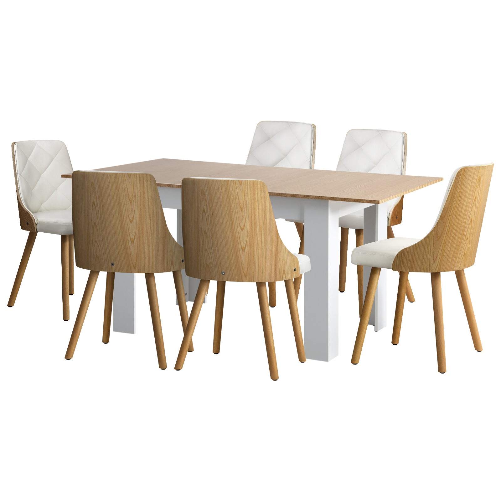 Oikiture 160cm Extendable Dining Table with 6PCS Dining Chairs PU Leather White - Sunyee