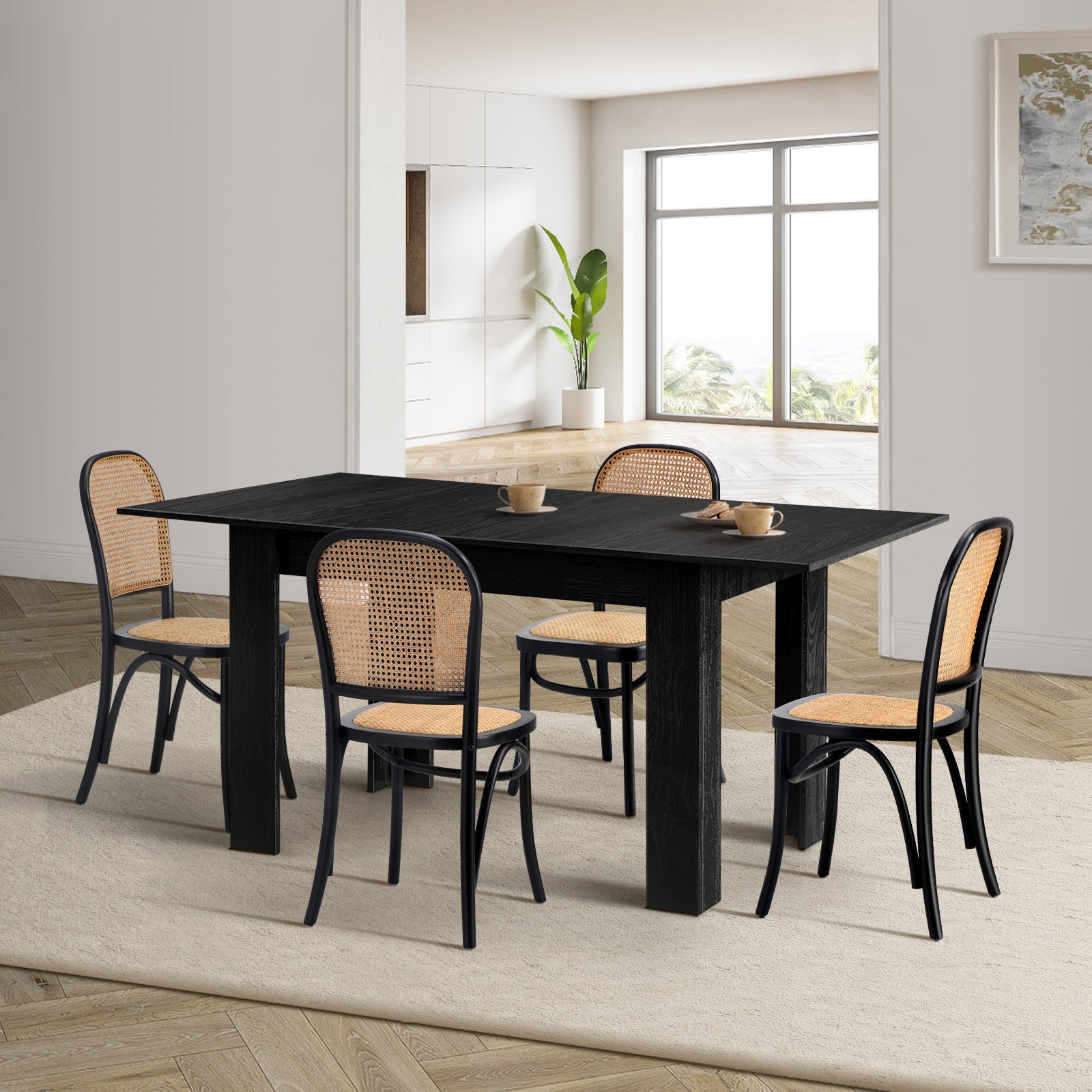 Oikiture 160cm Extendable Dining Table with 4PCS Dining Chairs Rattan Black - Sunyee