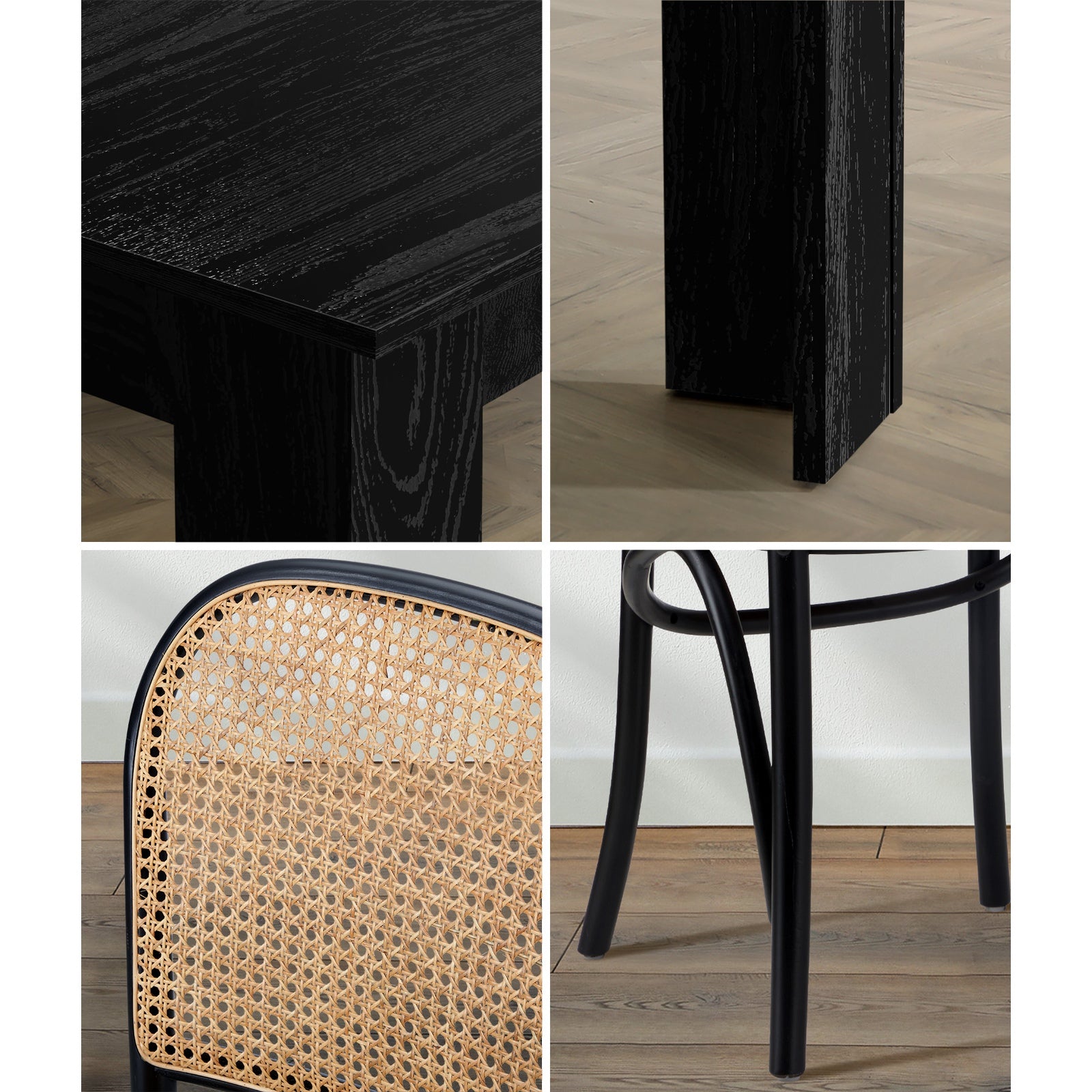 Oikiture 160cm Extendable Dining Table with 4PCS Dining Chairs Rattan Black - Sunyee