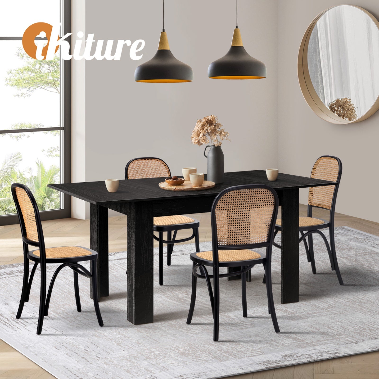 Oikiture 160cm Extendable Dining Table with 4PCS Dining Chairs Rattan Black - Sunyee