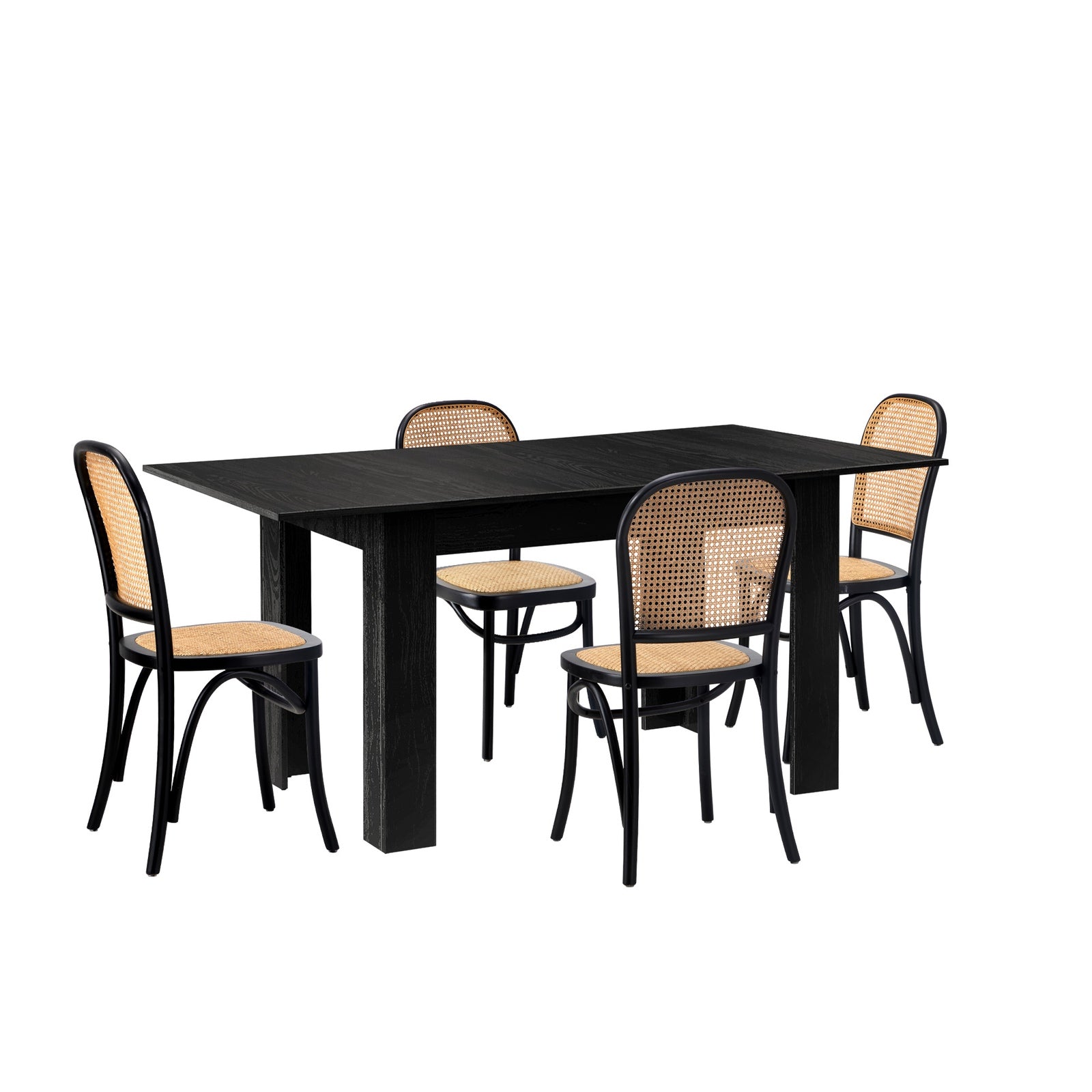 Oikiture 160cm Extendable Dining Table with 4PCS Dining Chairs Rattan Black - Sunyee