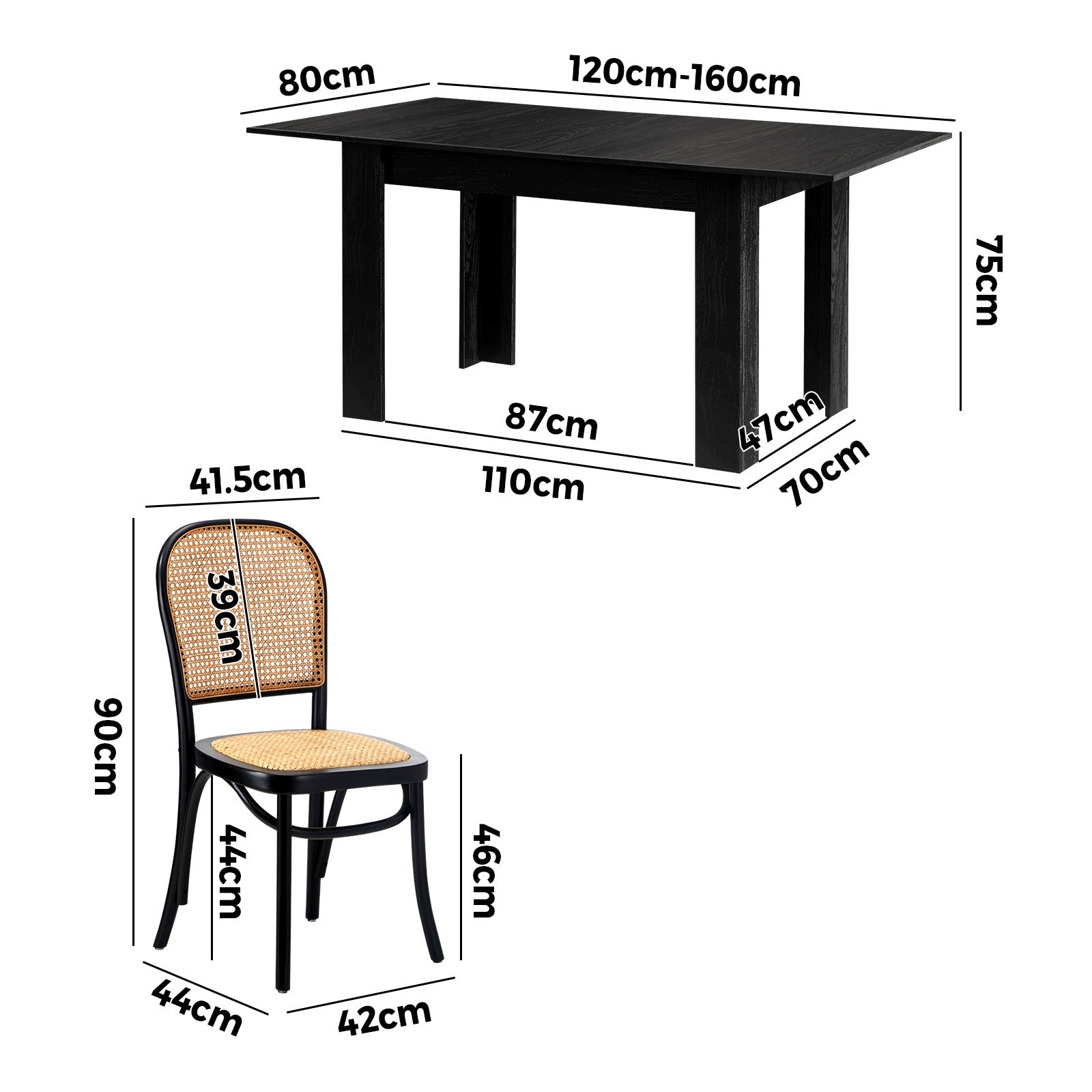 Oikiture 160cm Extendable Dining Table with 4PCS Dining Chairs Rattan Black - Sunyee