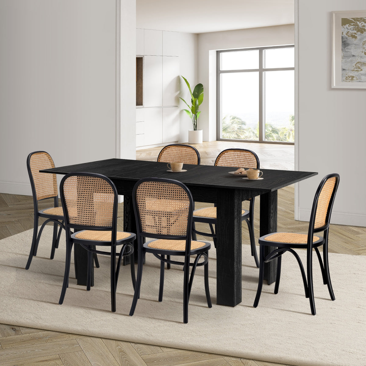 Oikiture 160cm Extendable Dining Table with 6PCS Dining Chairs Rattan Black - Sunyee
