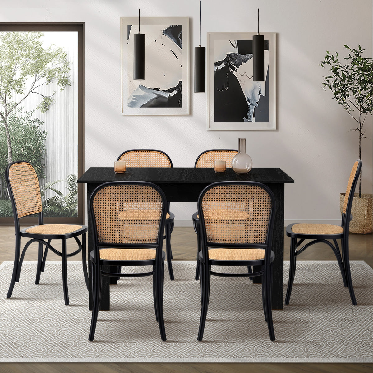 Oikiture 160cm Extendable Dining Table with 6PCS Dining Chairs Rattan Black - Sunyee