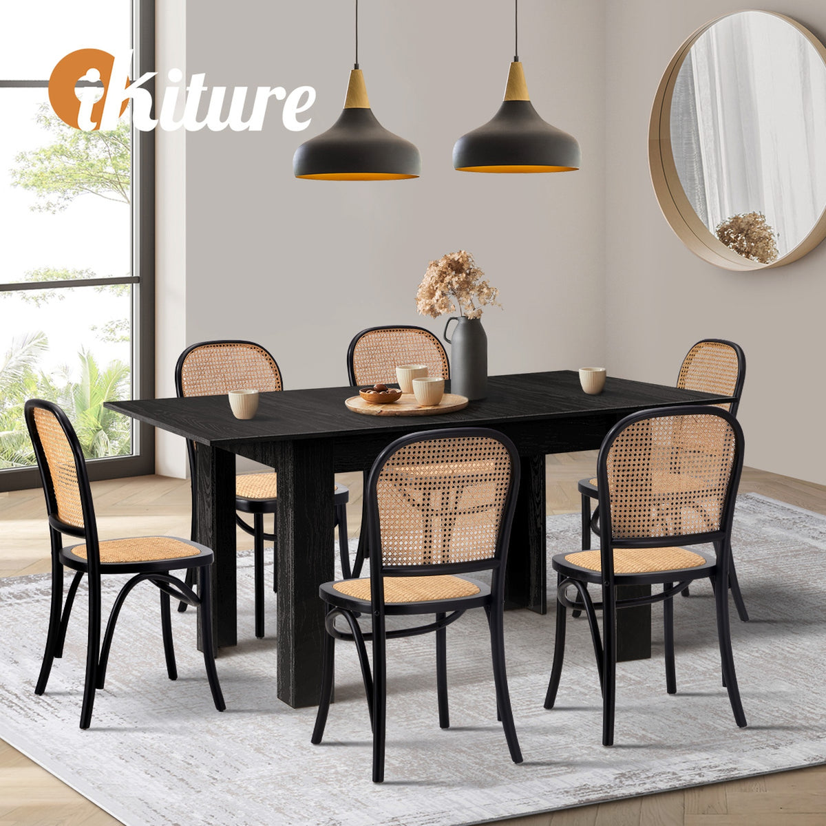 Oikiture 160cm Extendable Dining Table with 6PCS Dining Chairs Rattan Black - Sunyee