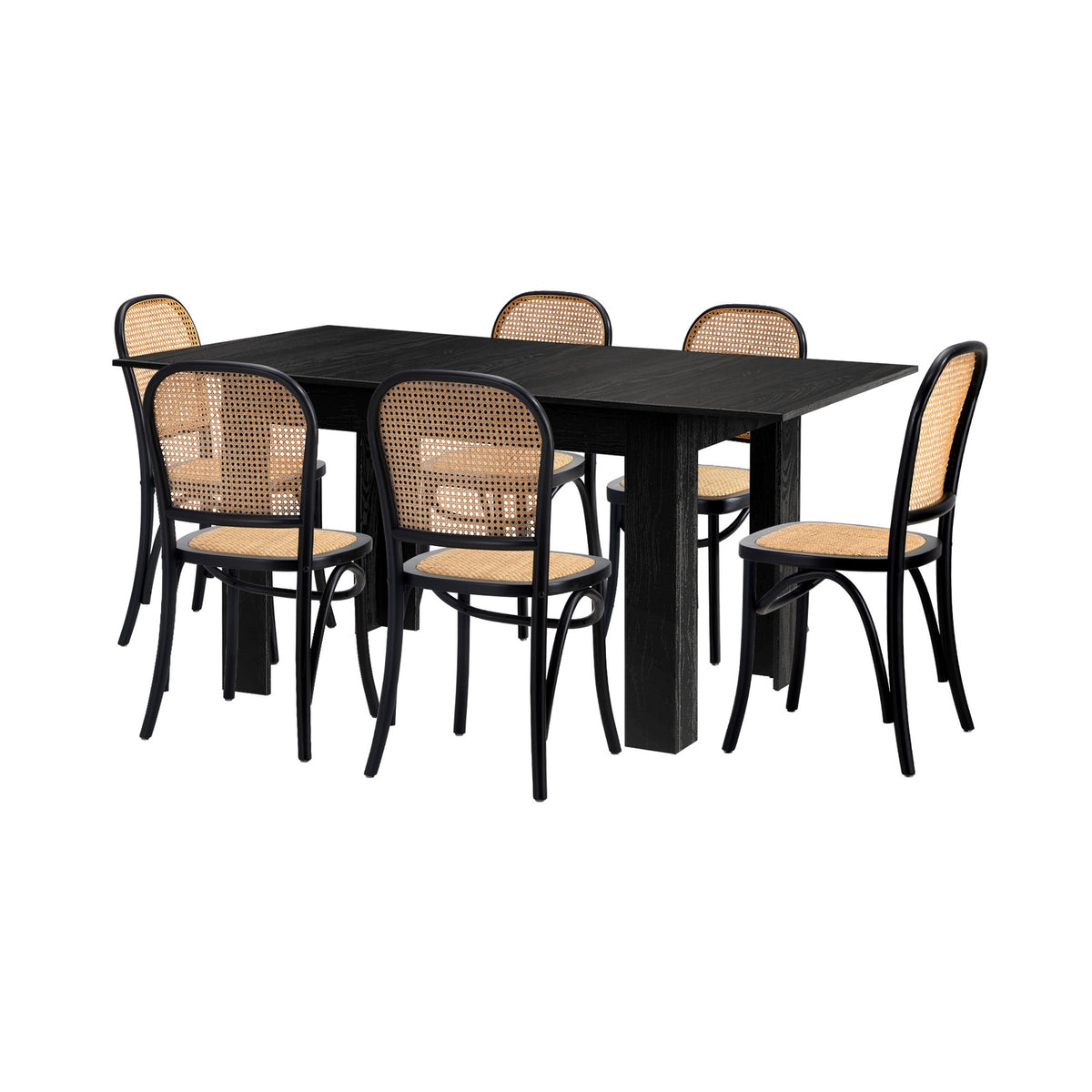 Oikiture 160cm Extendable Dining Table with 6PCS Dining Chairs Rattan Black - Sunyee