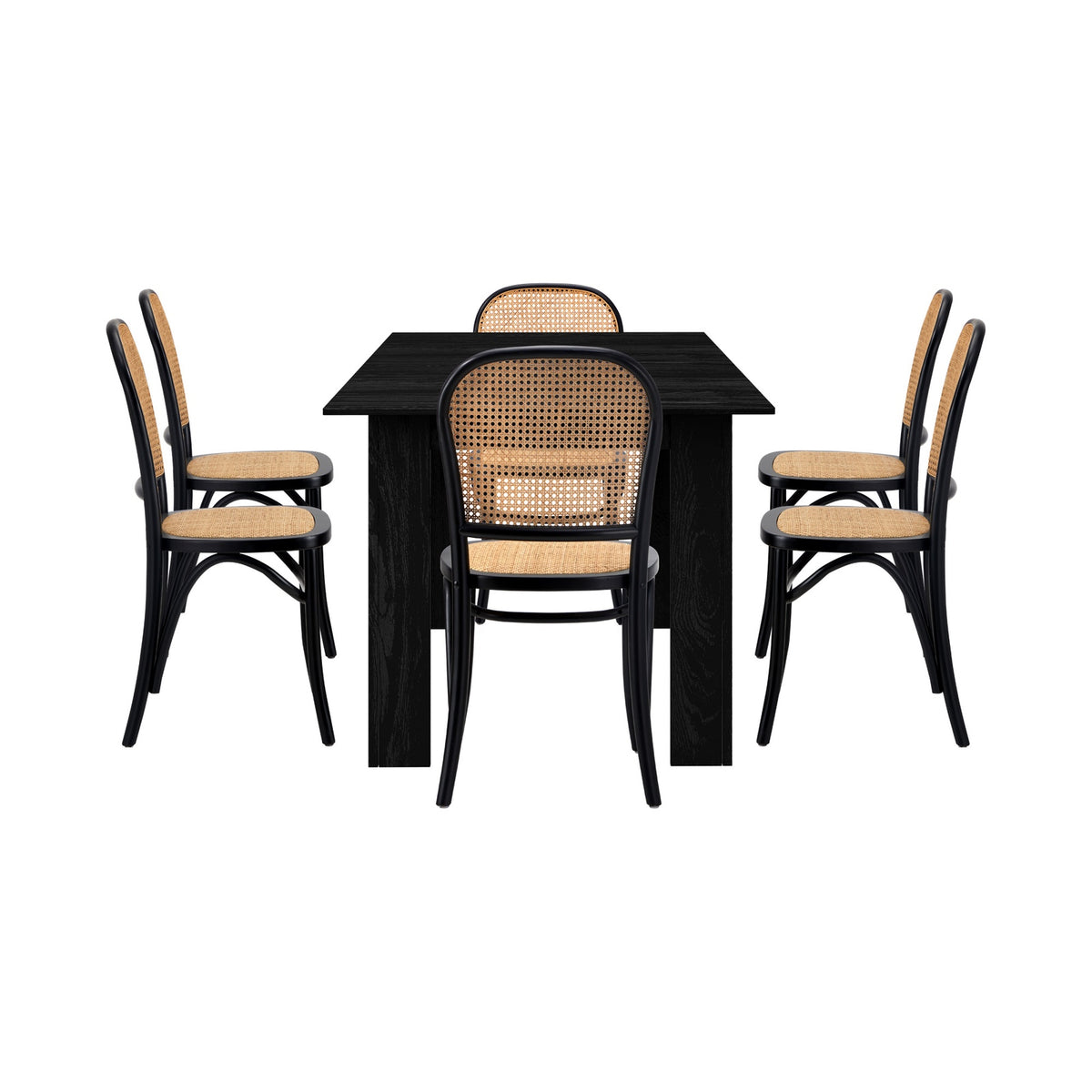 Oikiture 160cm Extendable Dining Table with 6PCS Dining Chairs Rattan Black - Sunyee