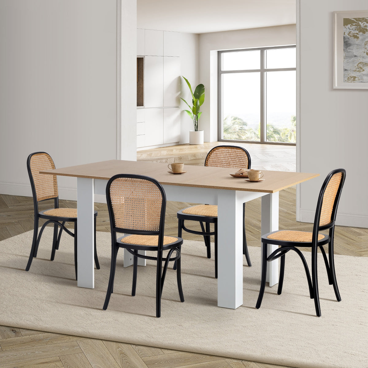 Oikiture 160cm Extendable Dining Table with 4PCS Dining Chairs Rattan White - Sunyee