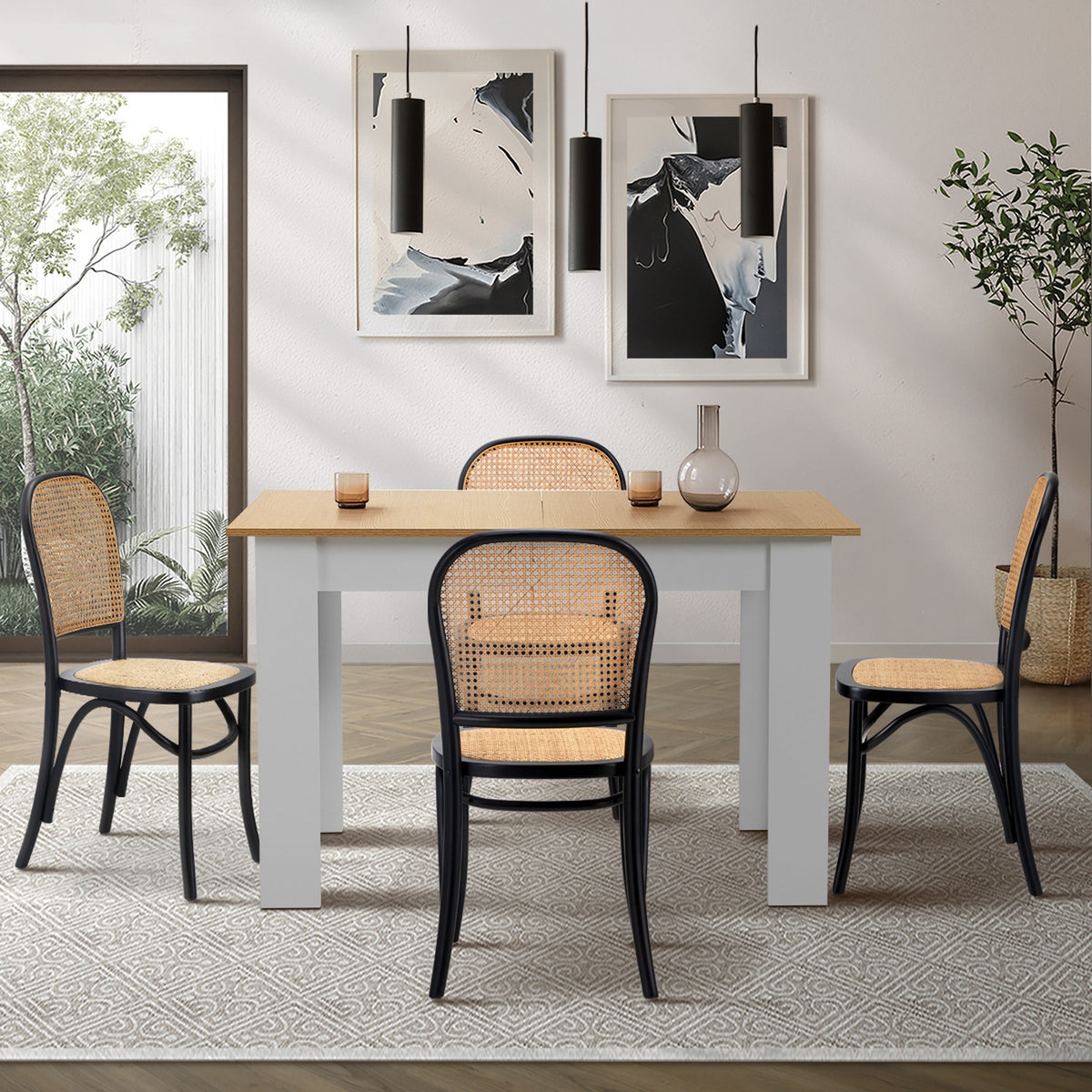 Oikiture 160cm Extendable Dining Table with 4PCS Dining Chairs Rattan White - Sunyee