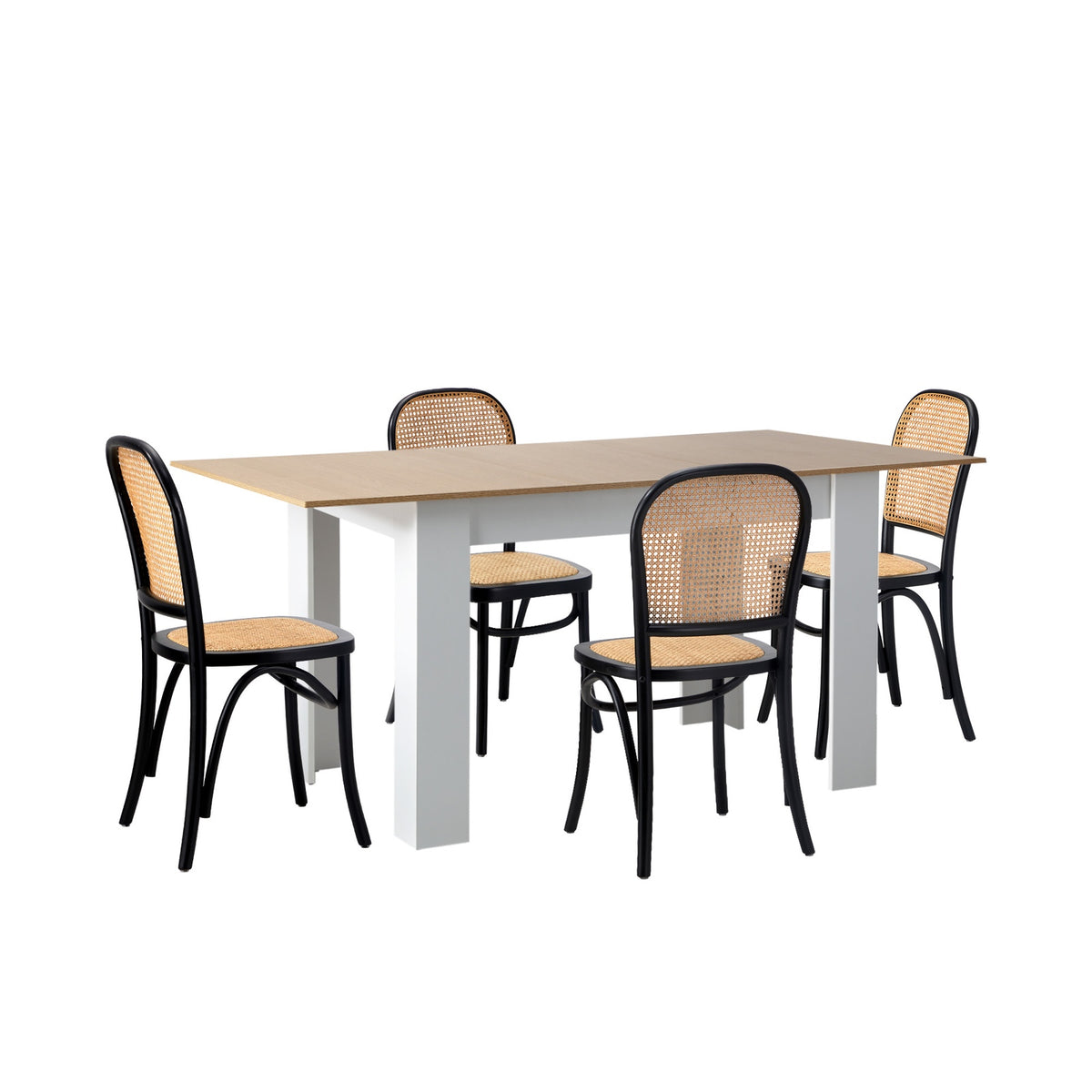 Oikiture 160cm Extendable Dining Table with 4PCS Dining Chairs Rattan White - Sunyee