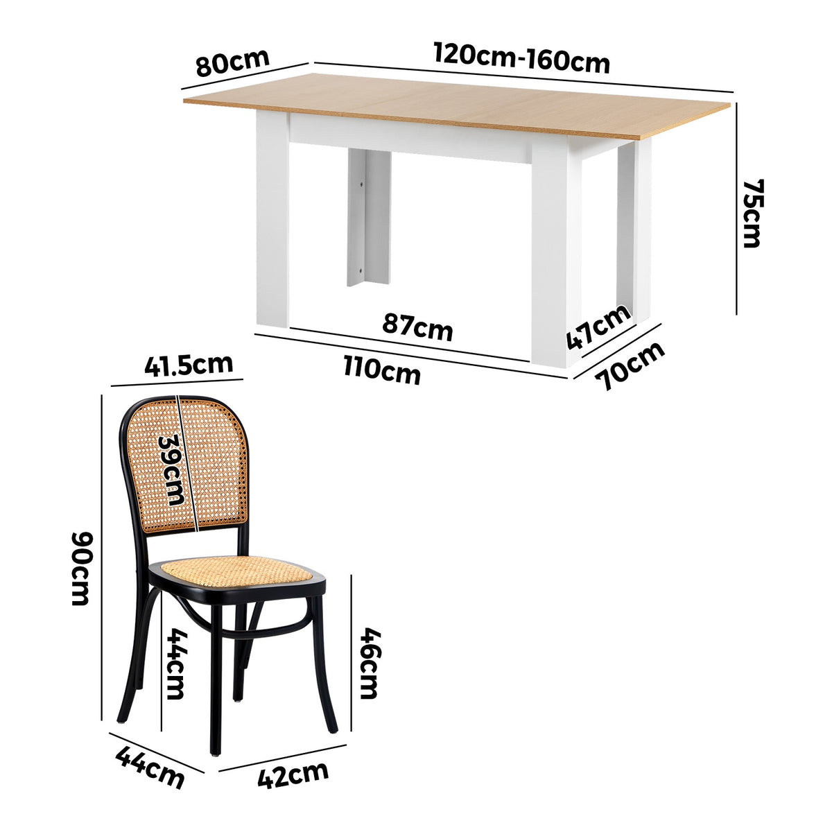 Oikiture 160cm Extendable Dining Table with 4PCS Dining Chairs Rattan White - Sunyee