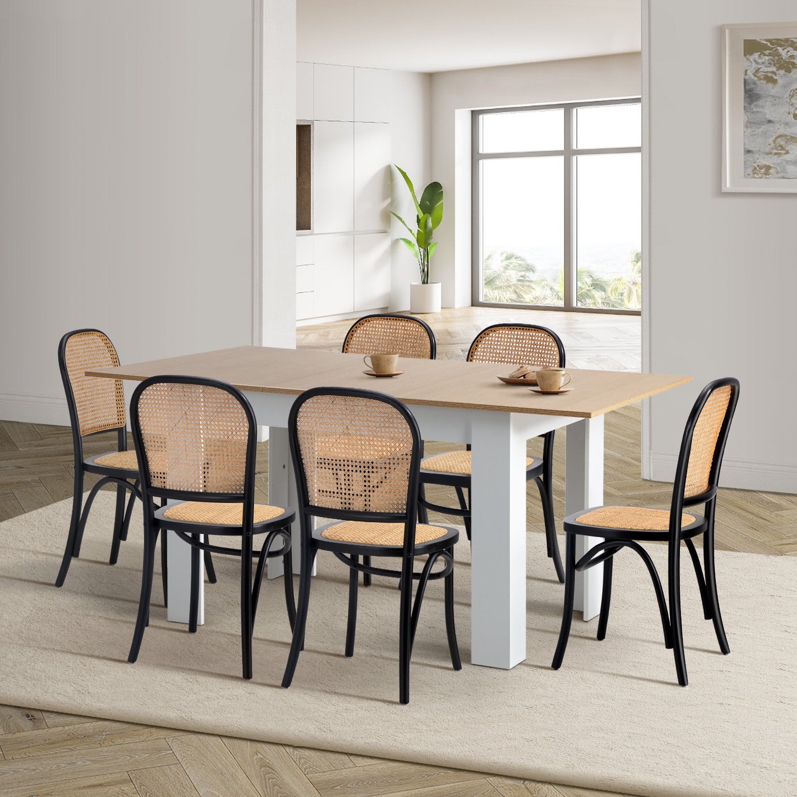 Oikiture 160cm Extendable Dining Table with 6PCS Dining Chairs Rattan White - Sunyee