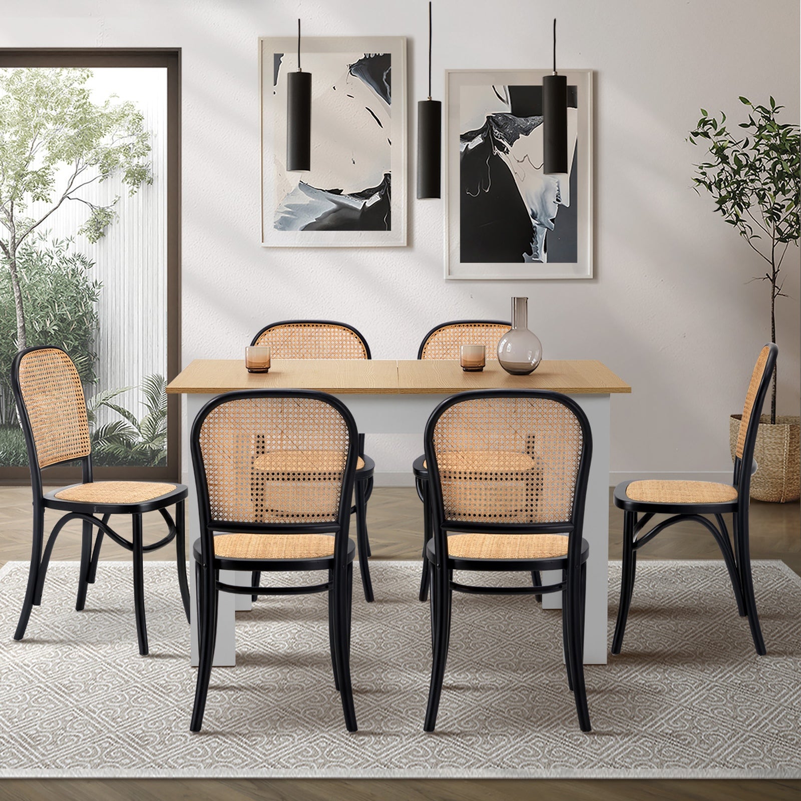 Oikiture 160cm Extendable Dining Table with 6PCS Dining Chairs Rattan White - Sunyee