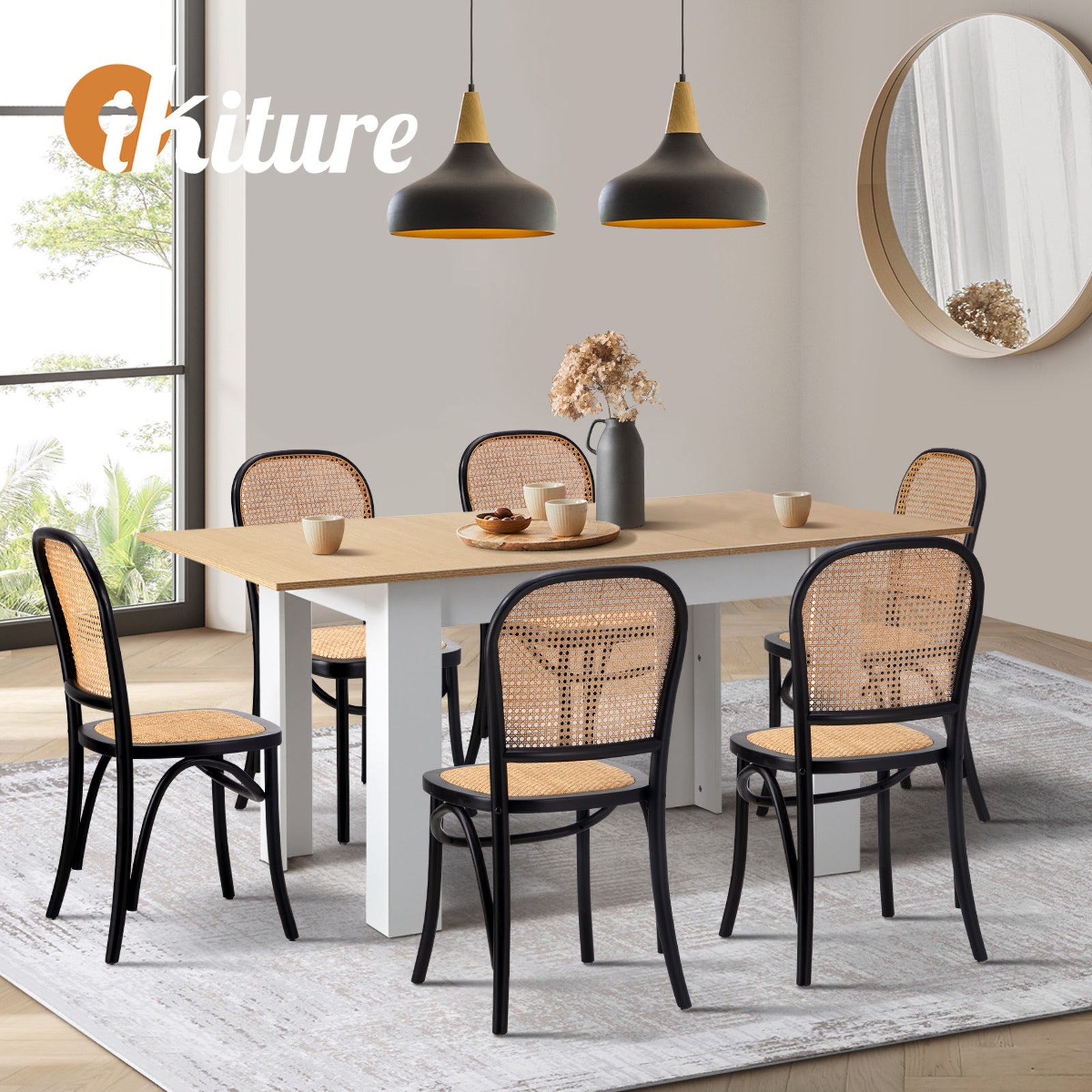 Oikiture 160cm Extendable Dining Table with 6PCS Dining Chairs Rattan White - Sunyee