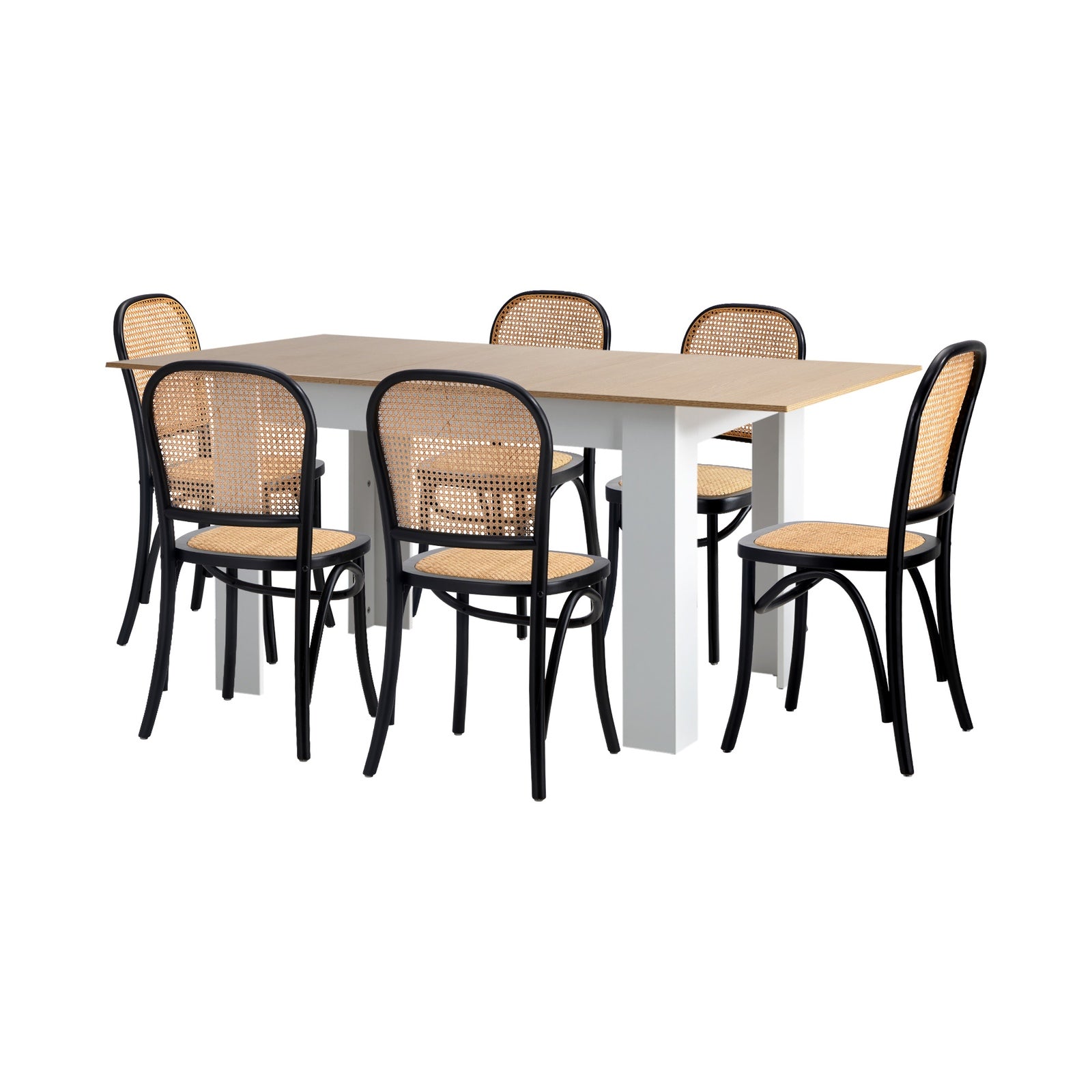 Oikiture 160cm Extendable Dining Table with 6PCS Dining Chairs Rattan White - Sunyee