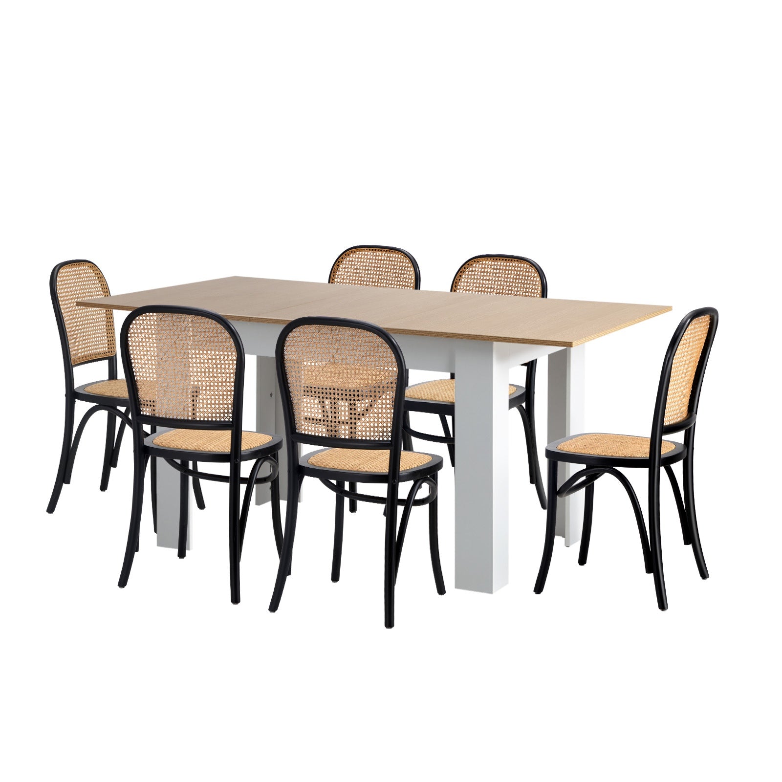 Oikiture 160cm Extendable Dining Table with 6PCS Dining Chairs Rattan White - Sunyee
