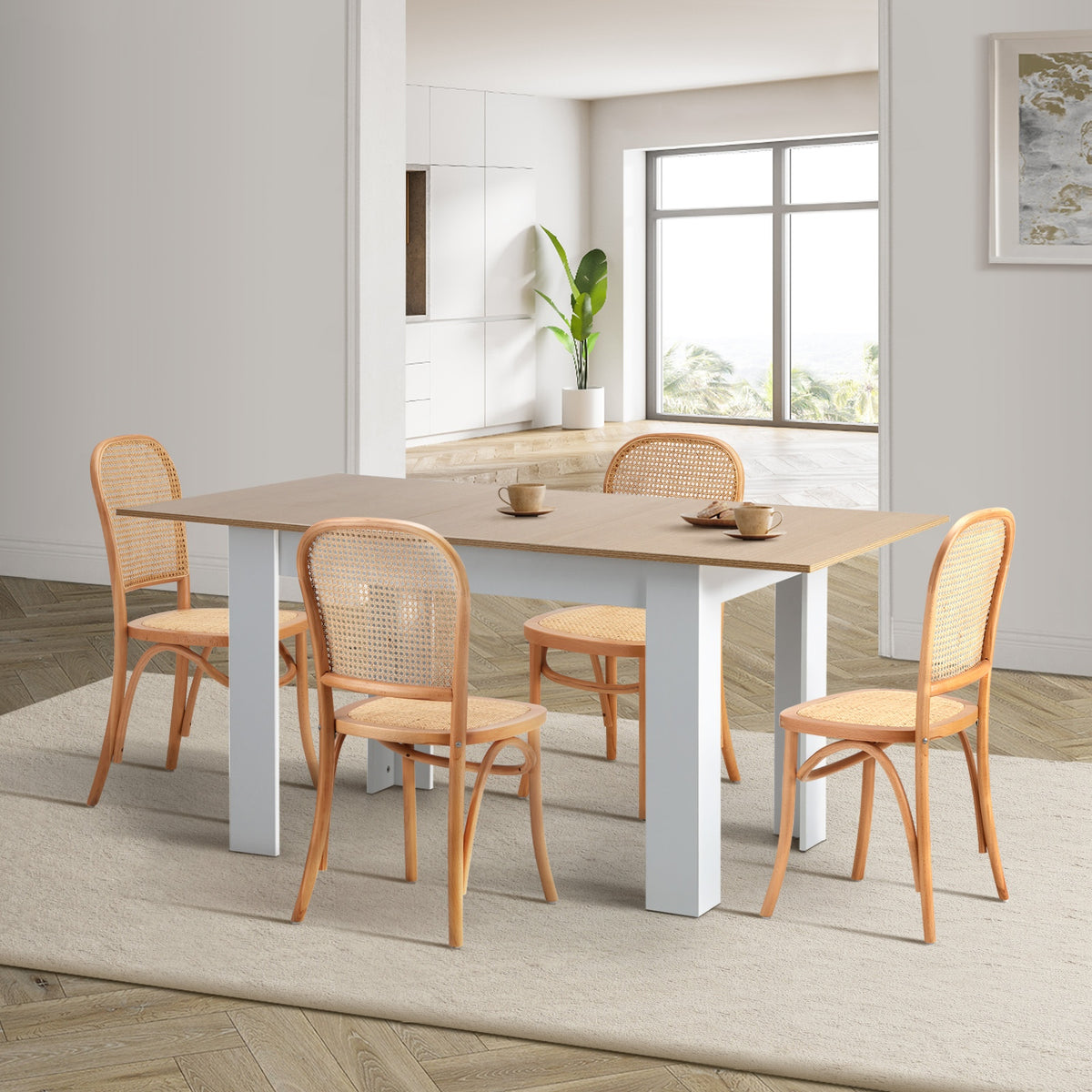 Oikiture 160cm Extendable Dining Table with 4PCS Dining Chairs Rattan Natural - Sunyee