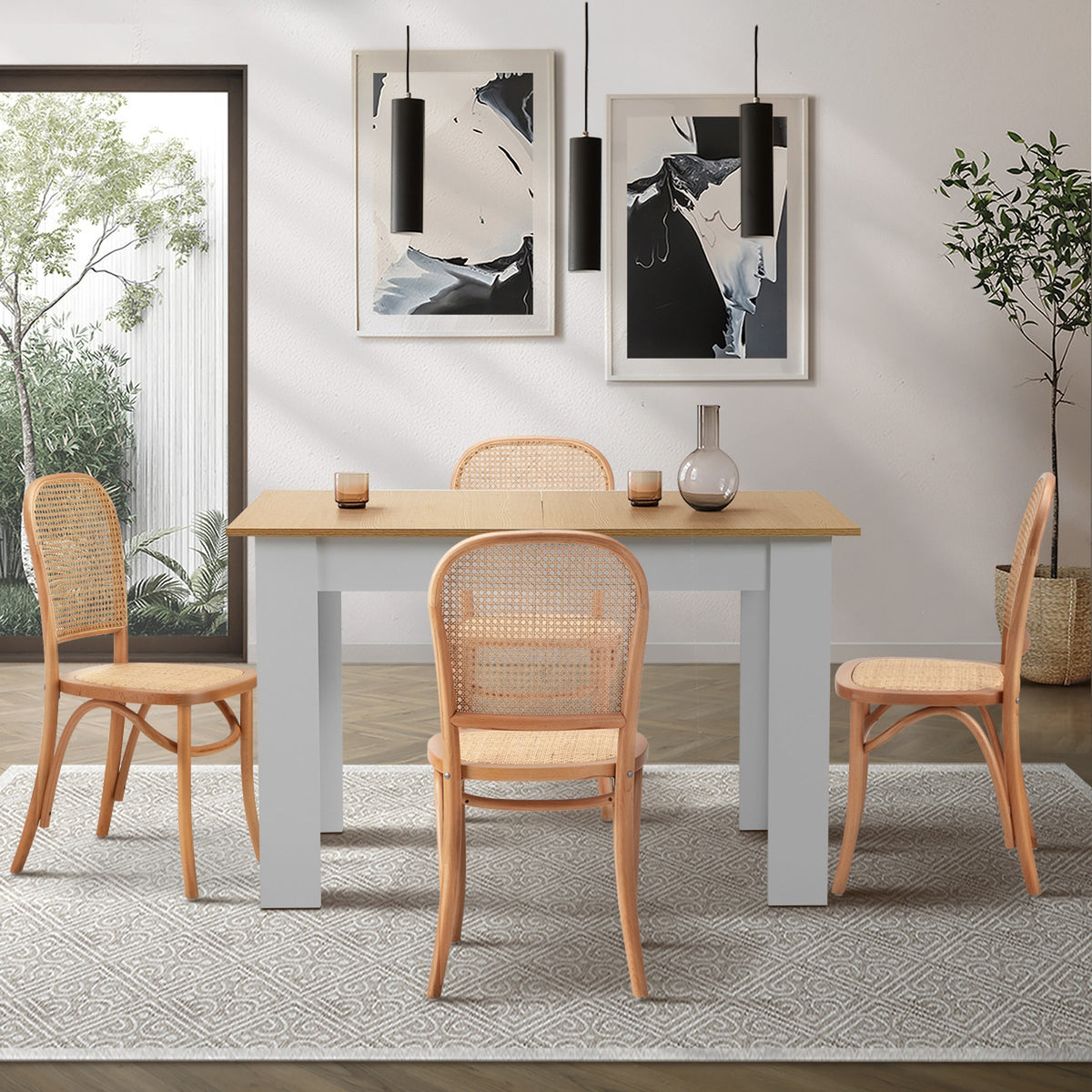 Oikiture 160cm Extendable Dining Table with 4PCS Dining Chairs Rattan Natural - Sunyee