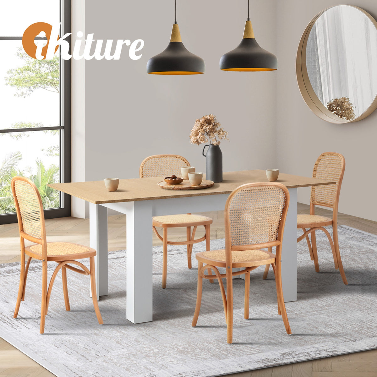 Oikiture 160cm Extendable Dining Table with 4PCS Dining Chairs Rattan Natural - Sunyee