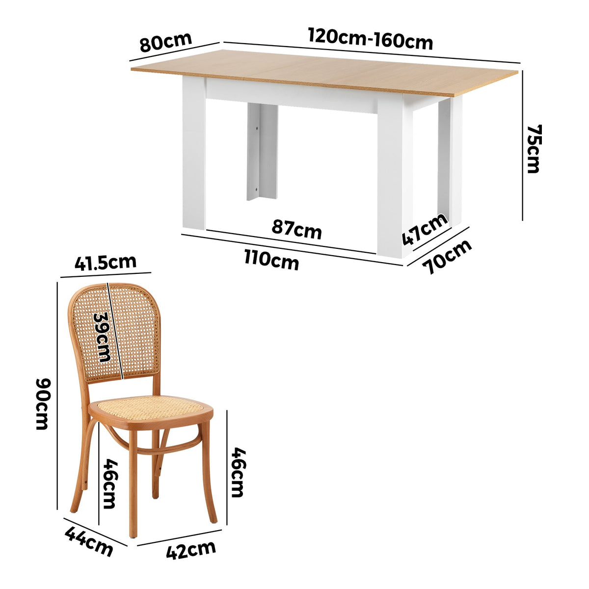 Oikiture 160cm Extendable Dining Table with 4PCS Dining Chairs Rattan Natural - Sunyee