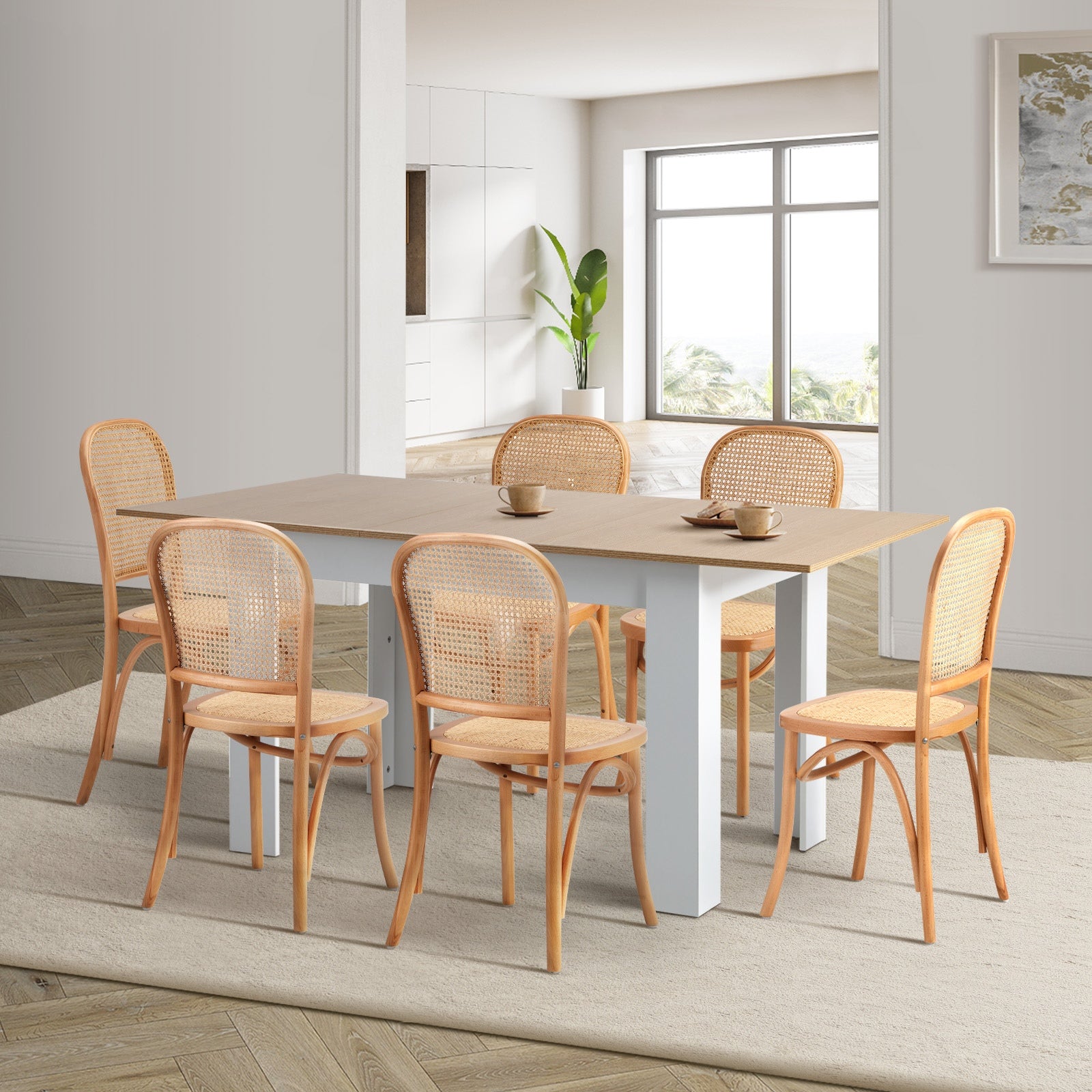 Oikiture 160cm Extendable Dining Table with 6PCS Dining Chairs Rattan Natural - Sunyee