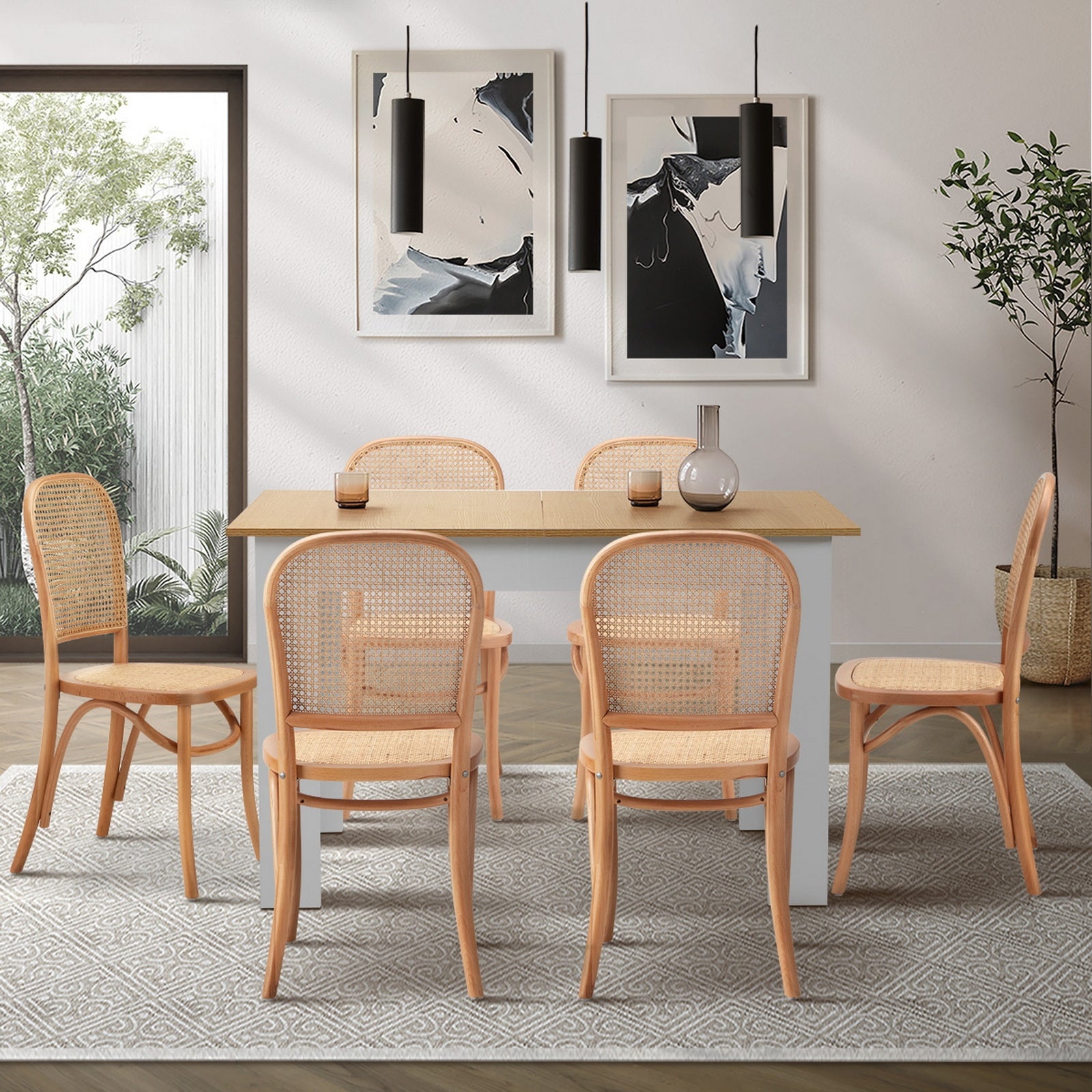 Oikiture 160cm Extendable Dining Table with 6PCS Dining Chairs Rattan Natural - Sunyee
