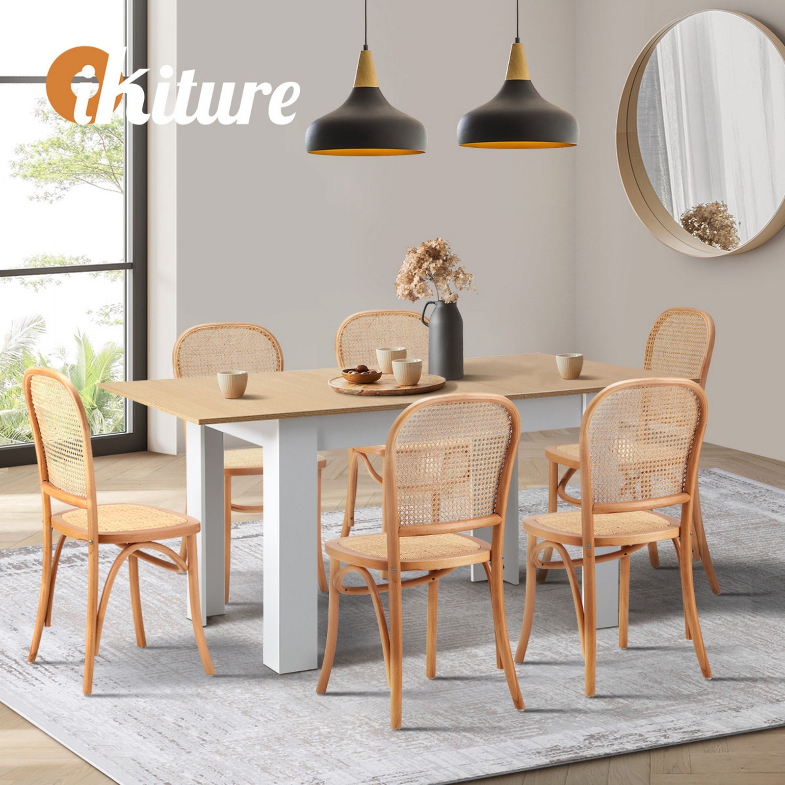 Oikiture 160cm Extendable Dining Table with 6PCS Dining Chairs Rattan Natural - Sunyee