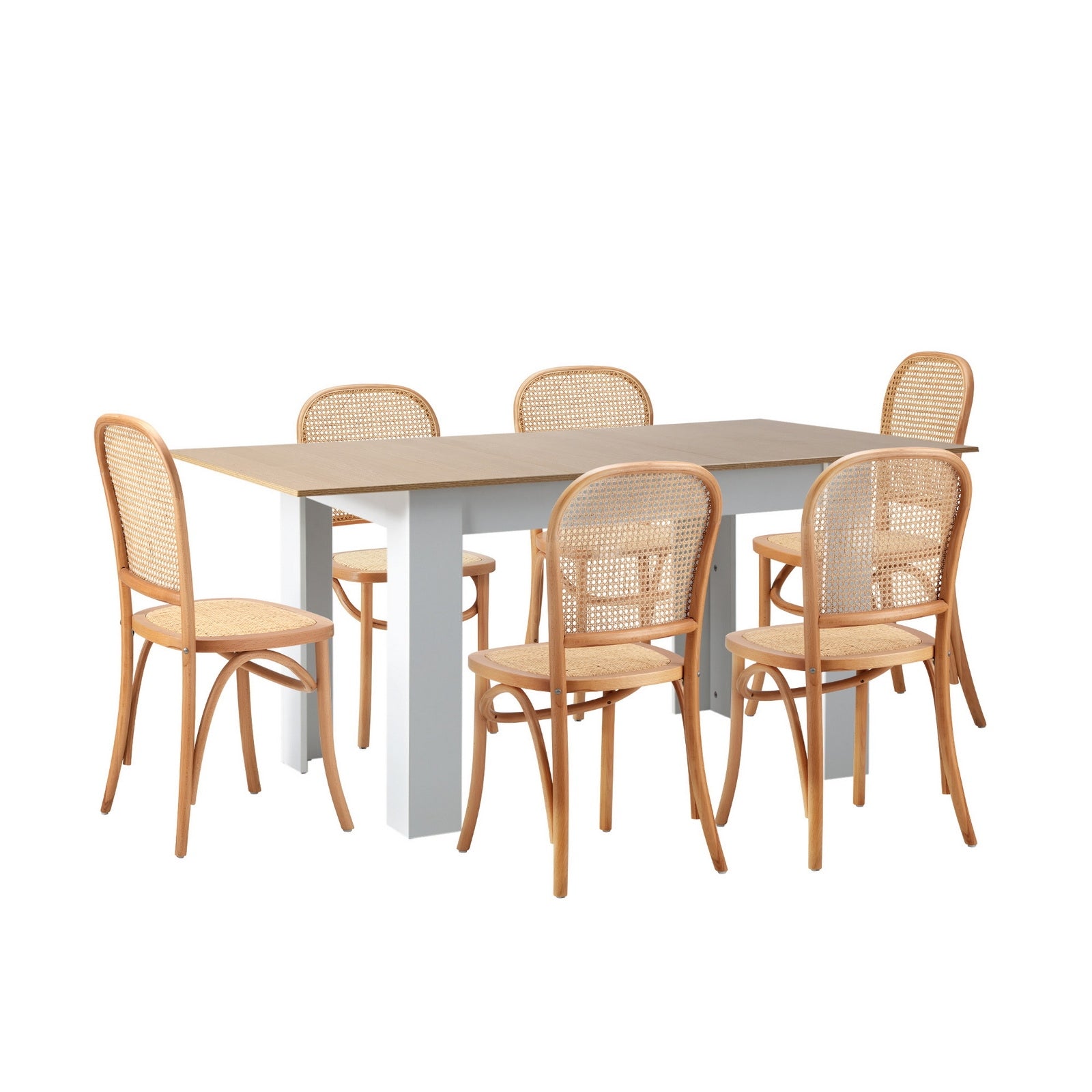 Oikiture 160cm Extendable Dining Table with 6PCS Dining Chairs Rattan Natural - Sunyee
