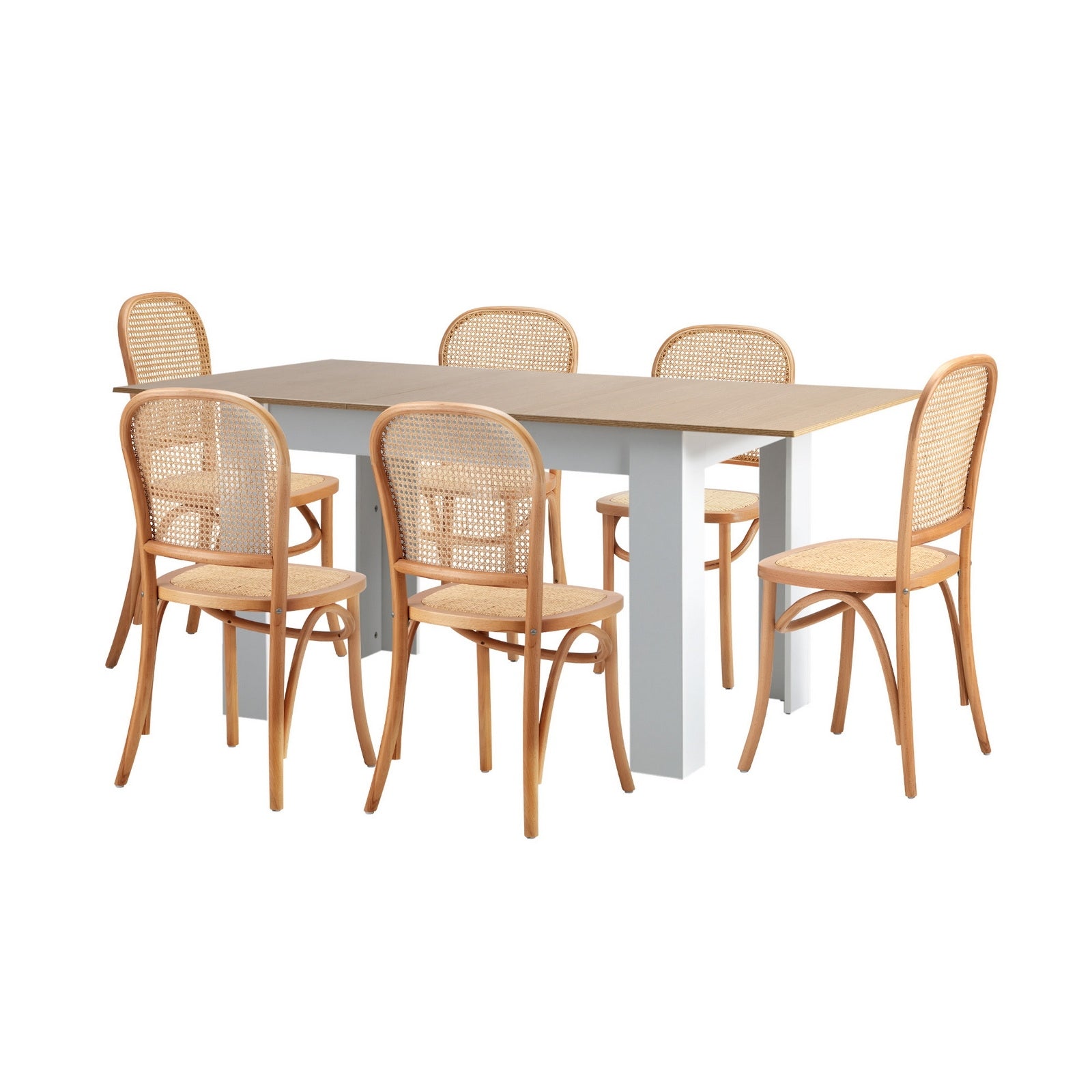 Oikiture 160cm Extendable Dining Table with 6PCS Dining Chairs Rattan Natural - Sunyee