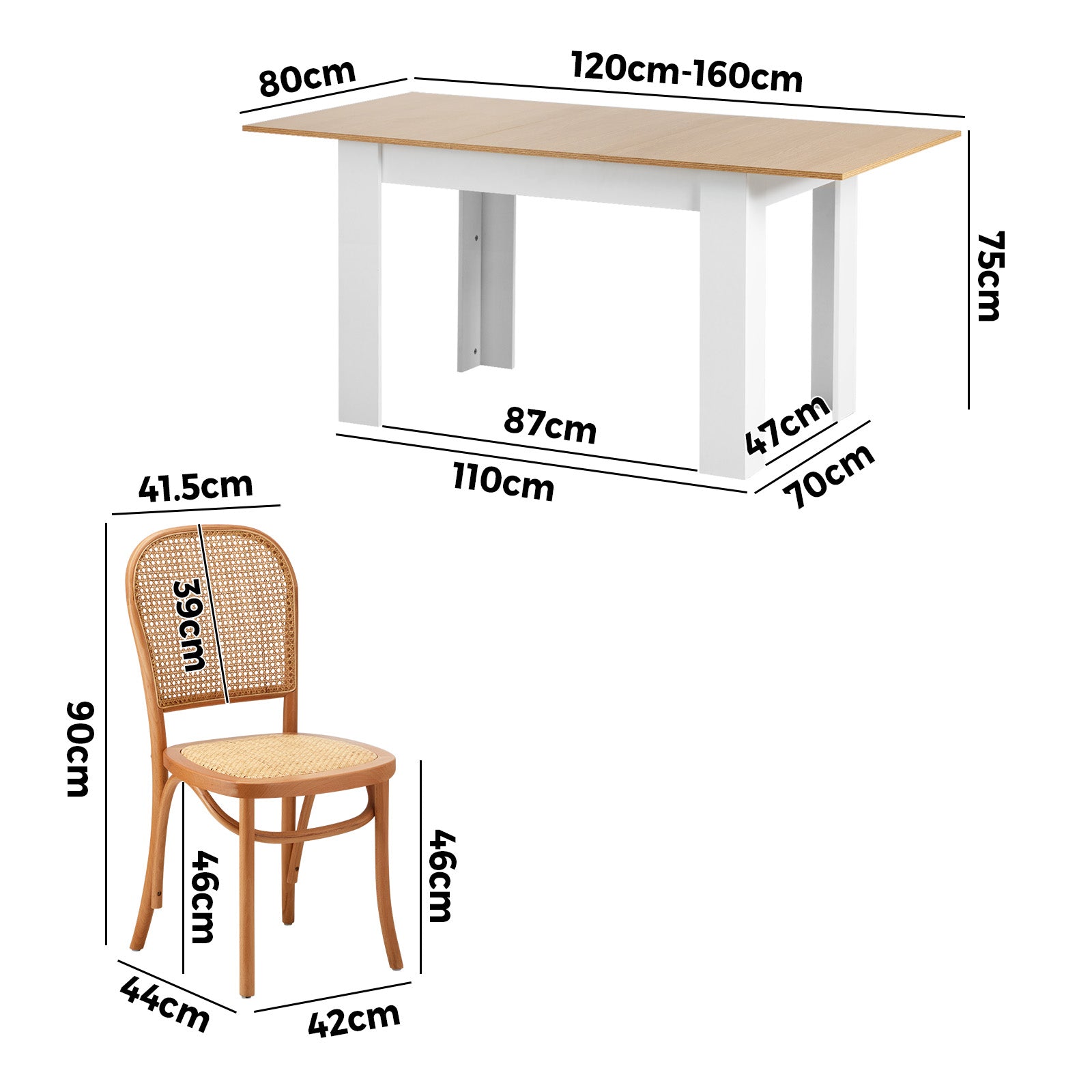 Oikiture 160cm Extendable Dining Table with 6PCS Dining Chairs Rattan Natural - Sunyee