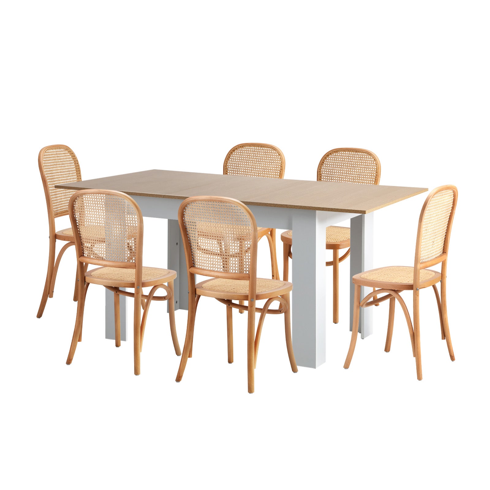 Oikiture 160cm Extendable Dining Table with 6PCS Dining Chairs Rattan Natural - Sunyee