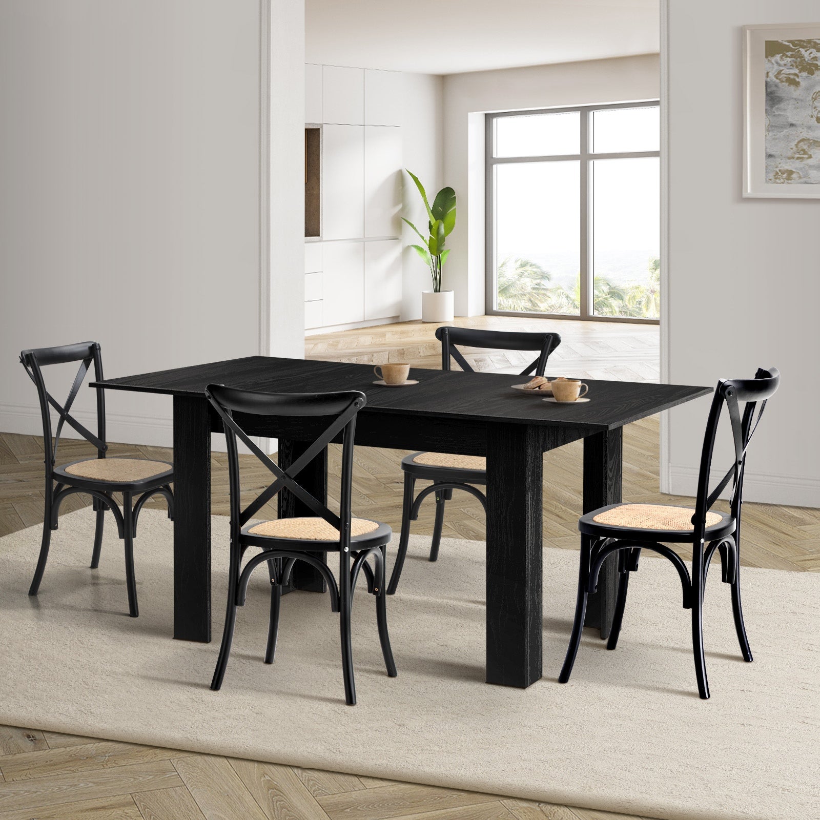 Oikiture 160cm Extendable Dining Table with 4PCS Dining Chairs Geometric Black - Sunyee