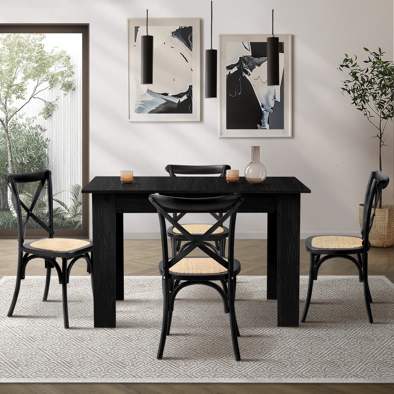 Oikiture 160cm Extendable Dining Table with 4PCS Dining Chairs Geometric Black - Sunyee