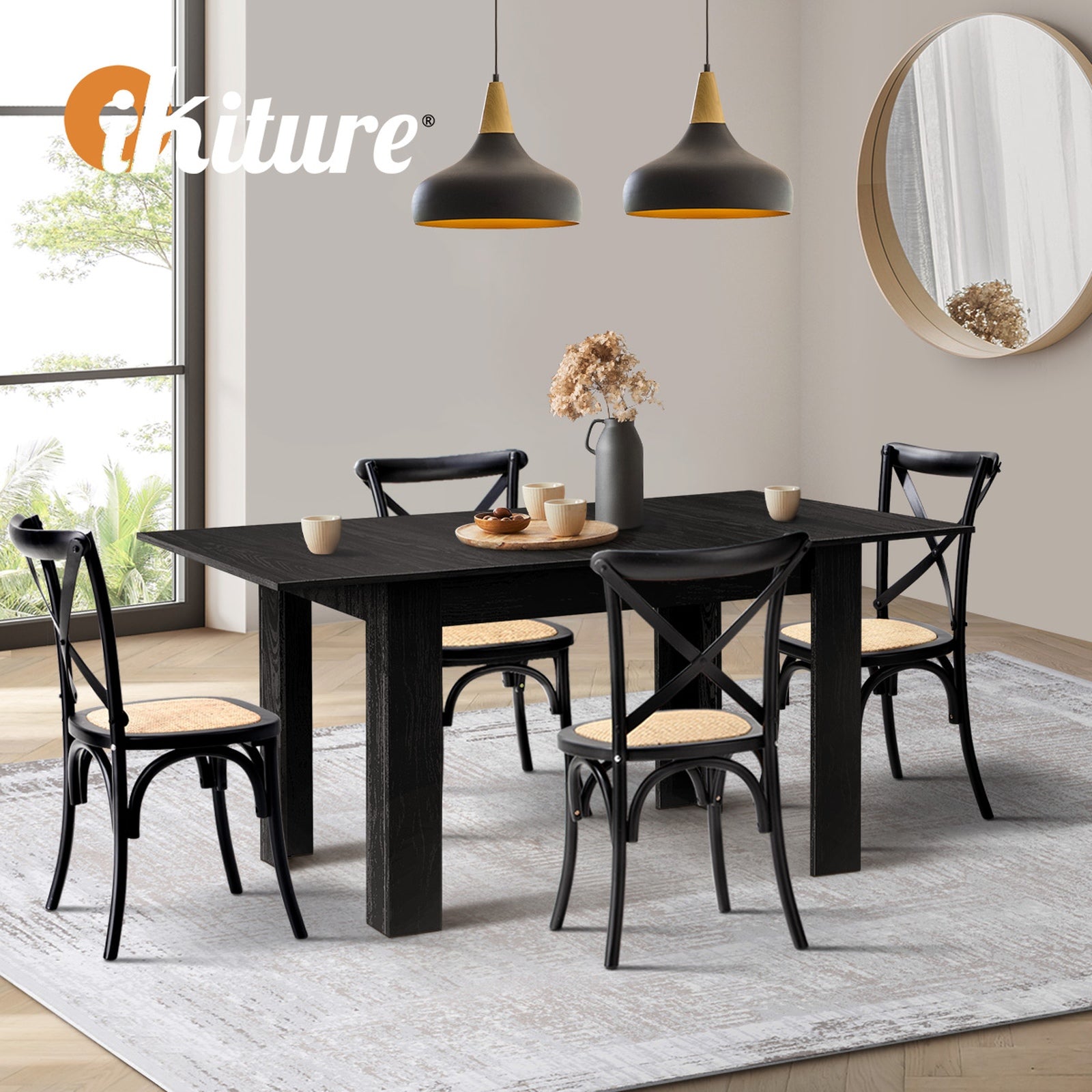 Oikiture 160cm Extendable Dining Table with 4PCS Dining Chairs Geometric Black - Sunyee