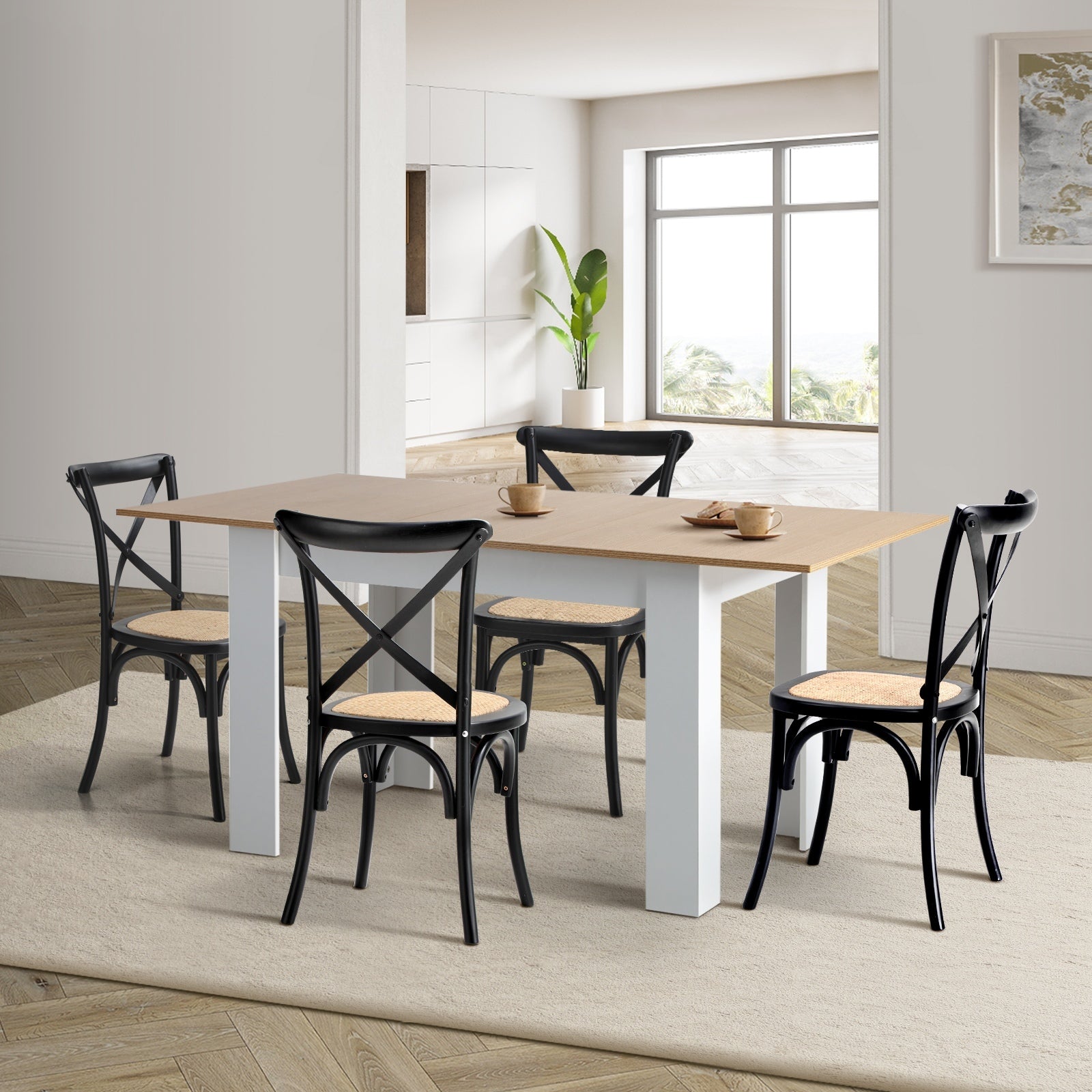 Oikiture 160cm Extendable Dining Table with 4PCS Dining Chairs Crossback Black - Sunyee
